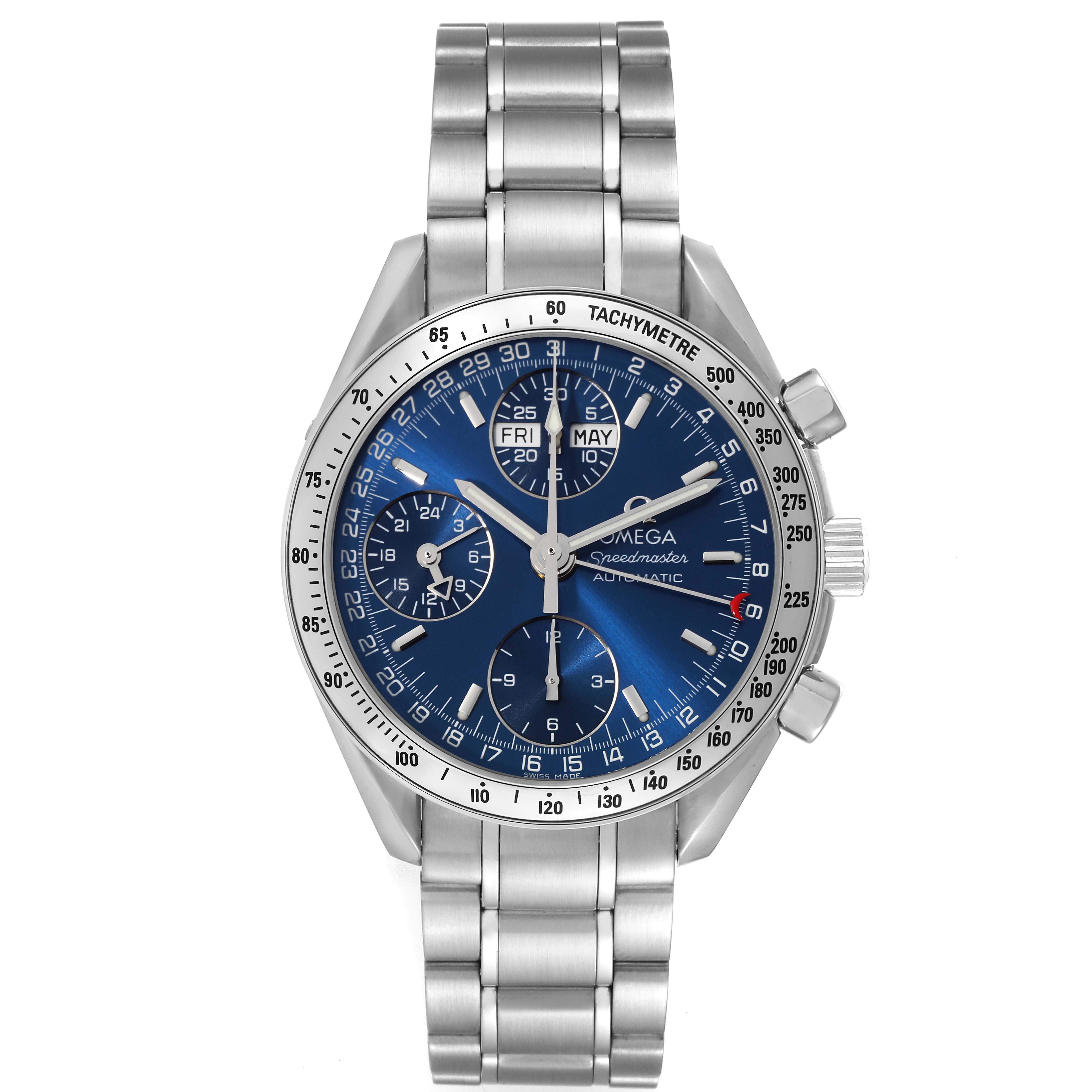 The image shows a front view of the Omega Speedmaster 3523.80.00 Men
s Stainless Steel Blue Dial 3523.80.00 Men
s Stainless Steel Blue Dial watch, displaying its dial, three subdials, and metal bracelet.