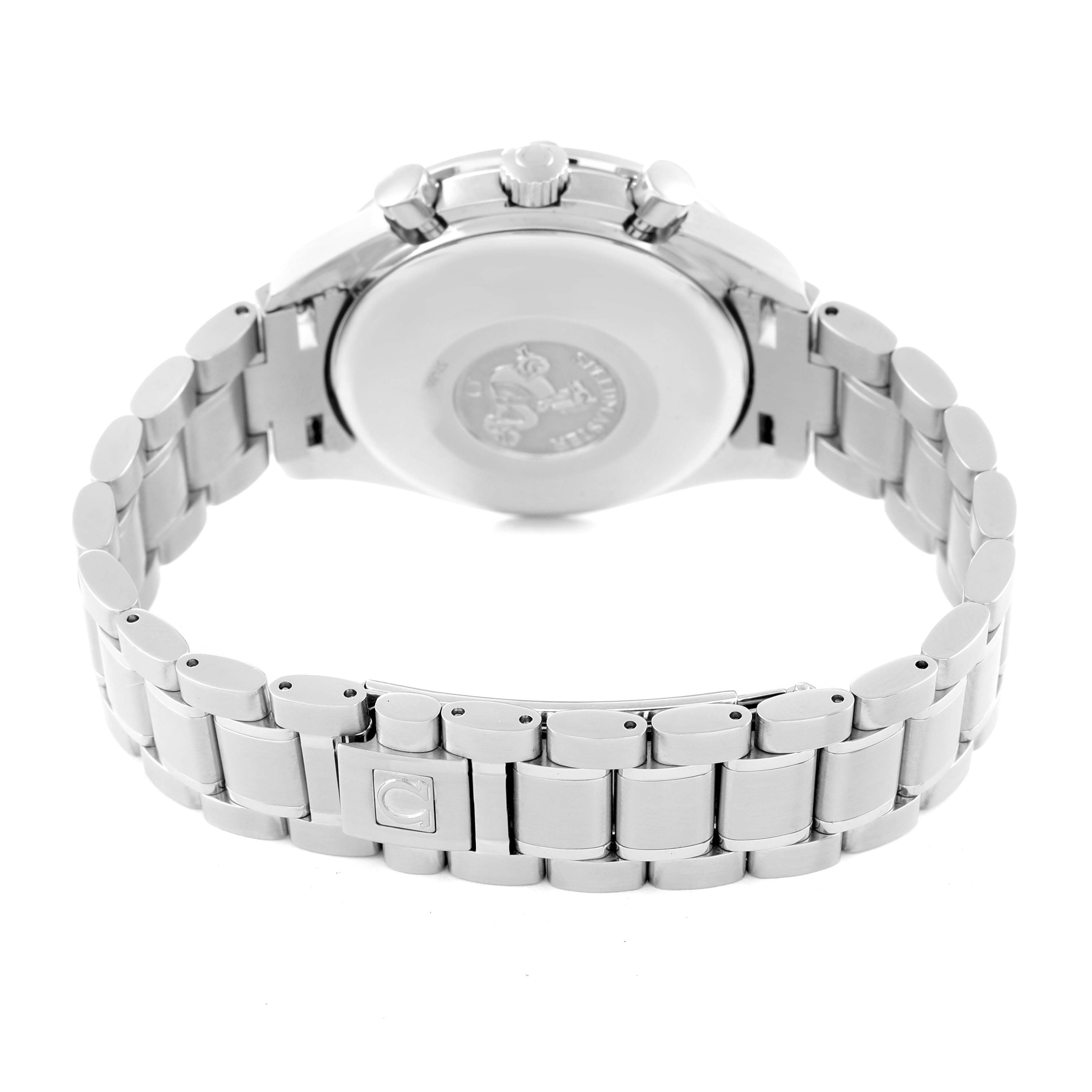 The image shows the back case and bracelet of an Omega Speedmaster 3523.80.00 Men
s Stainless Steel Blue Dial 3523.80.00 Men
s Stainless Steel Blue Dial watch, viewed from a rear angle.