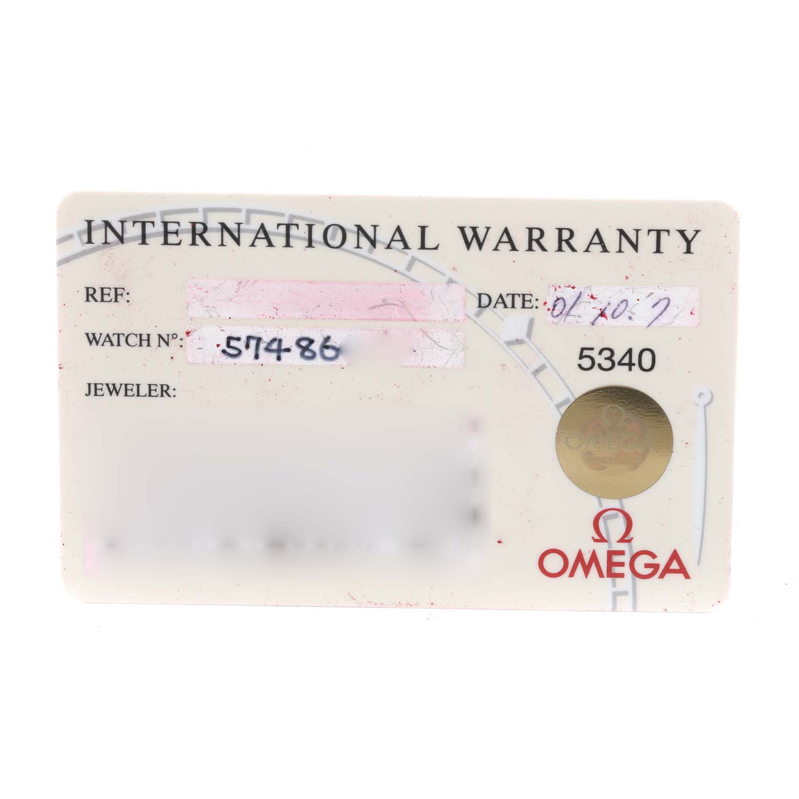 This image shows an International Warranty card for an Omega Speedmaster 3523.80.00 Men
s Stainless Steel Blue Dial 3523.80.00 Men
s Stainless Steel Blue Dial watch.