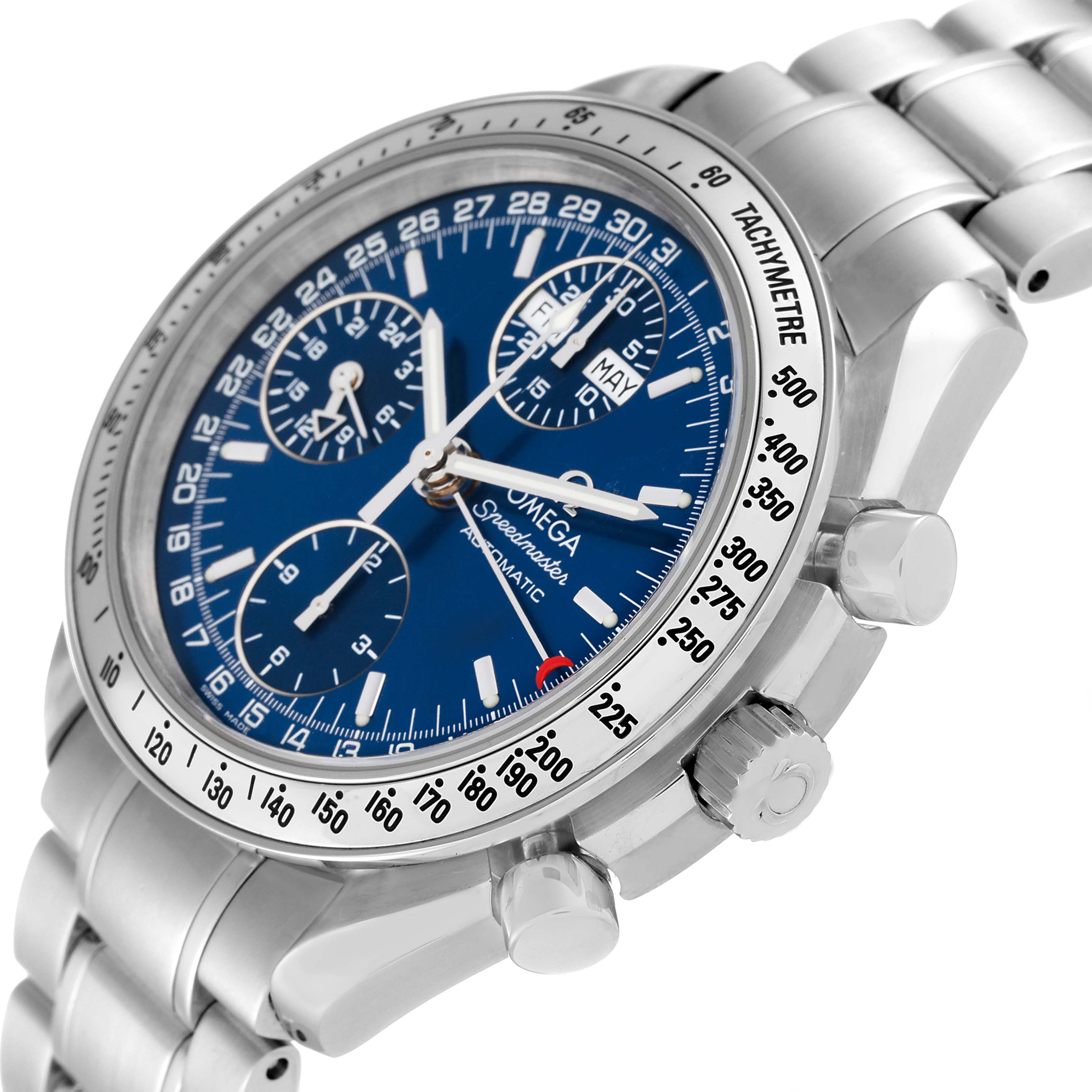 The image shows an Omega Speedmaster 3523.80.00 Men
s Stainless Steel Blue Dial 3523.80.00 Men
s Stainless Steel Blue Dial watch from an angled close-up, highlighting its blue dial, chronograph subdials, and silver bracelet.
