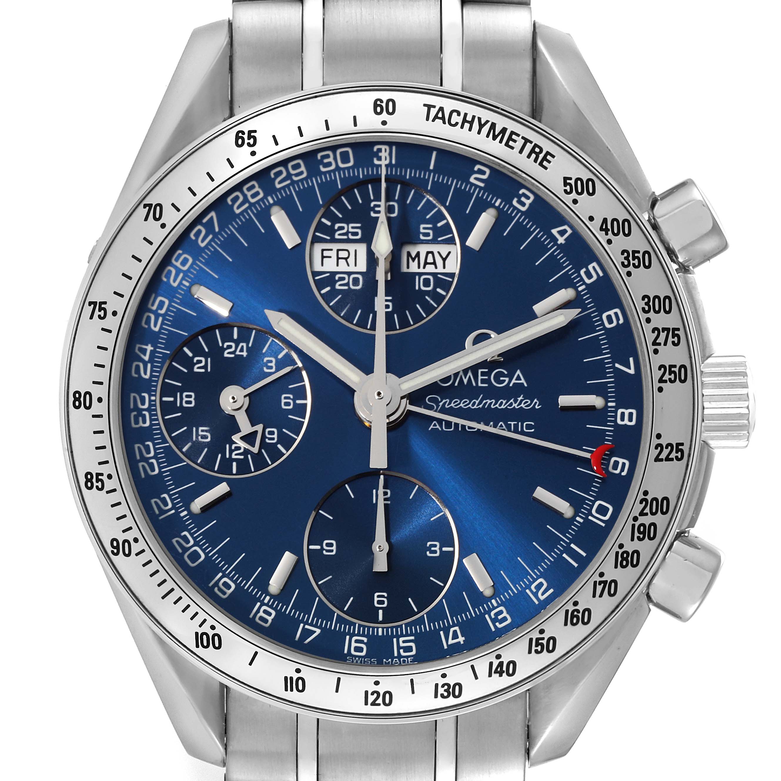 The image shows a frontal view of an Omega Speedmaster 3523.80.00 Men
s Stainless Steel Blue Dial 3523.80.00 Men
s Stainless Steel Blue Dial watch, displaying the dial, subdials, and tachymeter bezel.