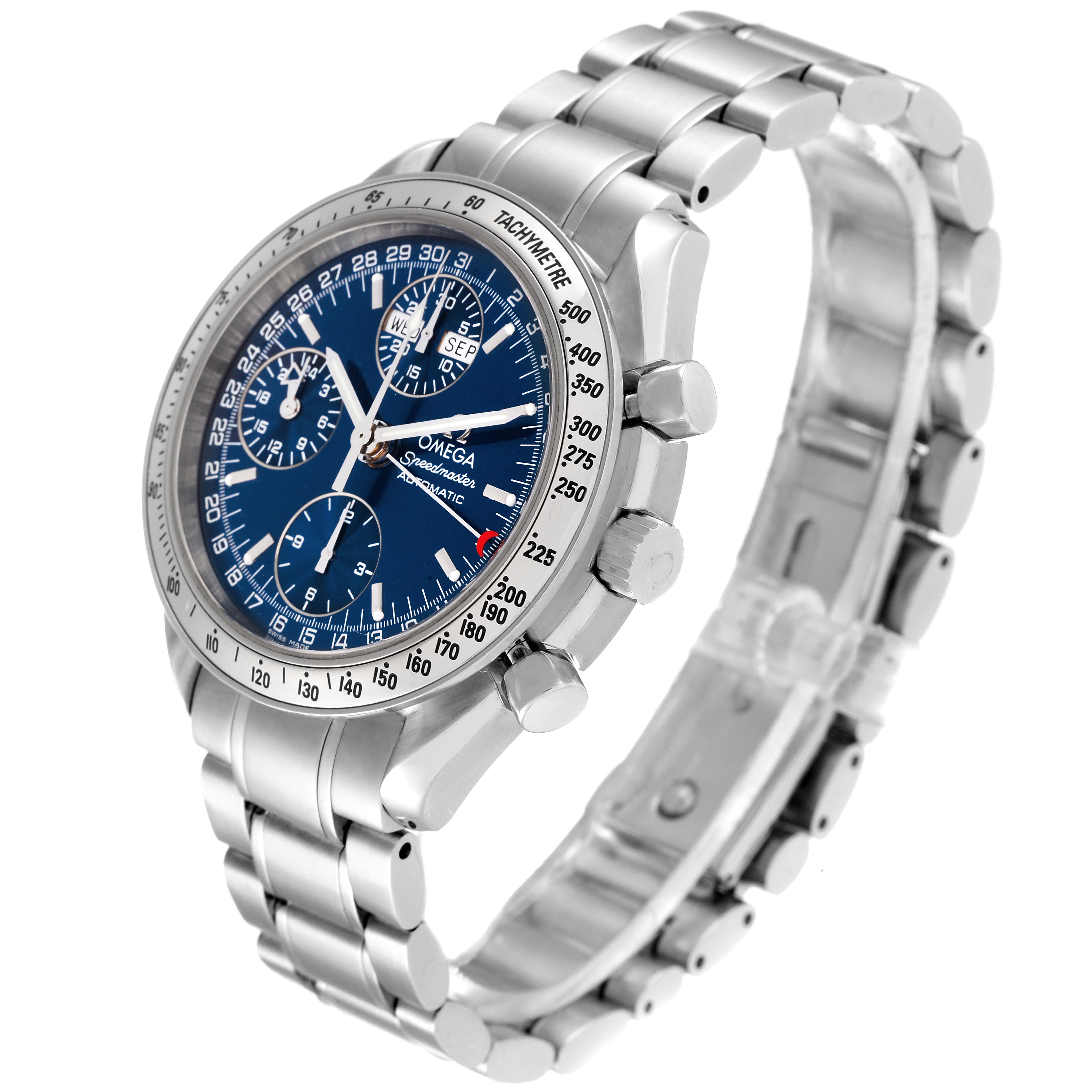 The Omega Speedmaster 3523.80.00 Men's Stainless Steel Blue Dial 3523.80.00 Men's Stainless Steel Blue Dial watch is shown from an angled view, highlighting its blue dial, tachymeter bezel, and stainless steel bracelet.