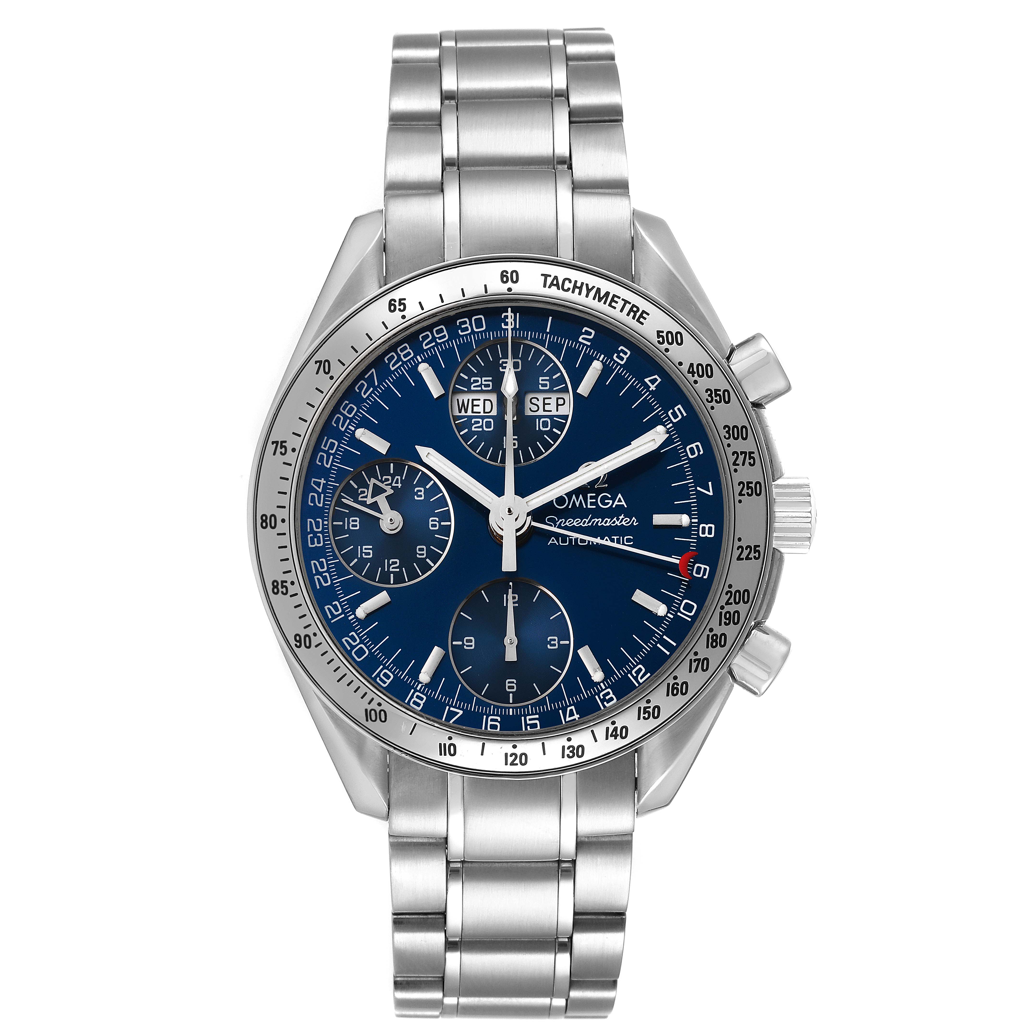 The image shows a front view of the Omega Speedmaster 3523.80.00 Men's Stainless Steel Blue Dial 3523.80.00 Men's Stainless Steel Blue Dial watch, displaying its dial, bezel, and metal bracelet.