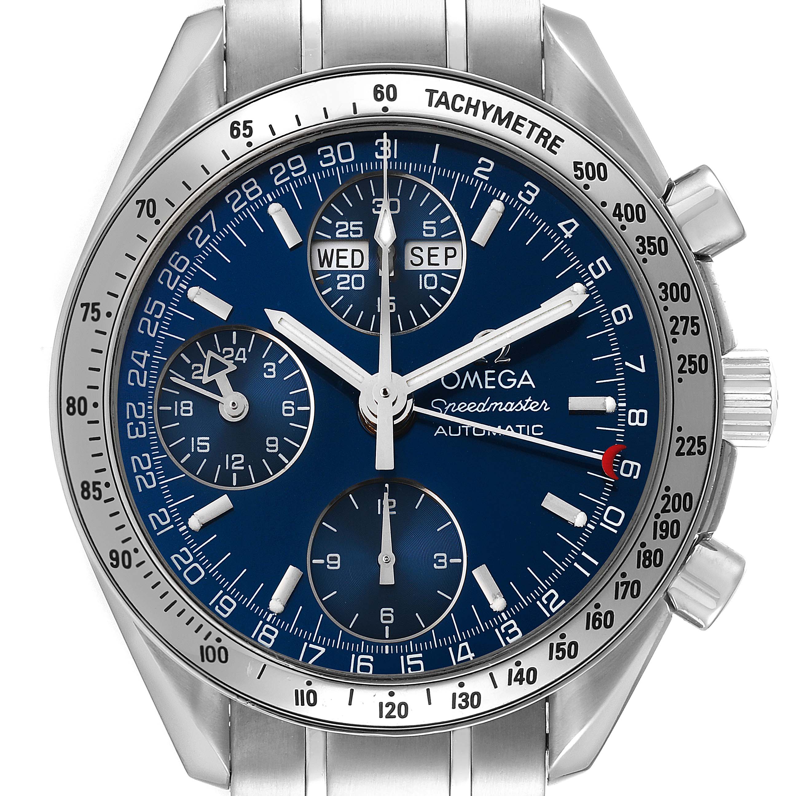 The Omega Speedmaster 3523.80.00 Men's Stainless Steel Blue Dial 3523.80.00 Men's Stainless Steel Blue Dial watch is shown from a front angle, displaying its dial, bezel, and chronograph subdials.
