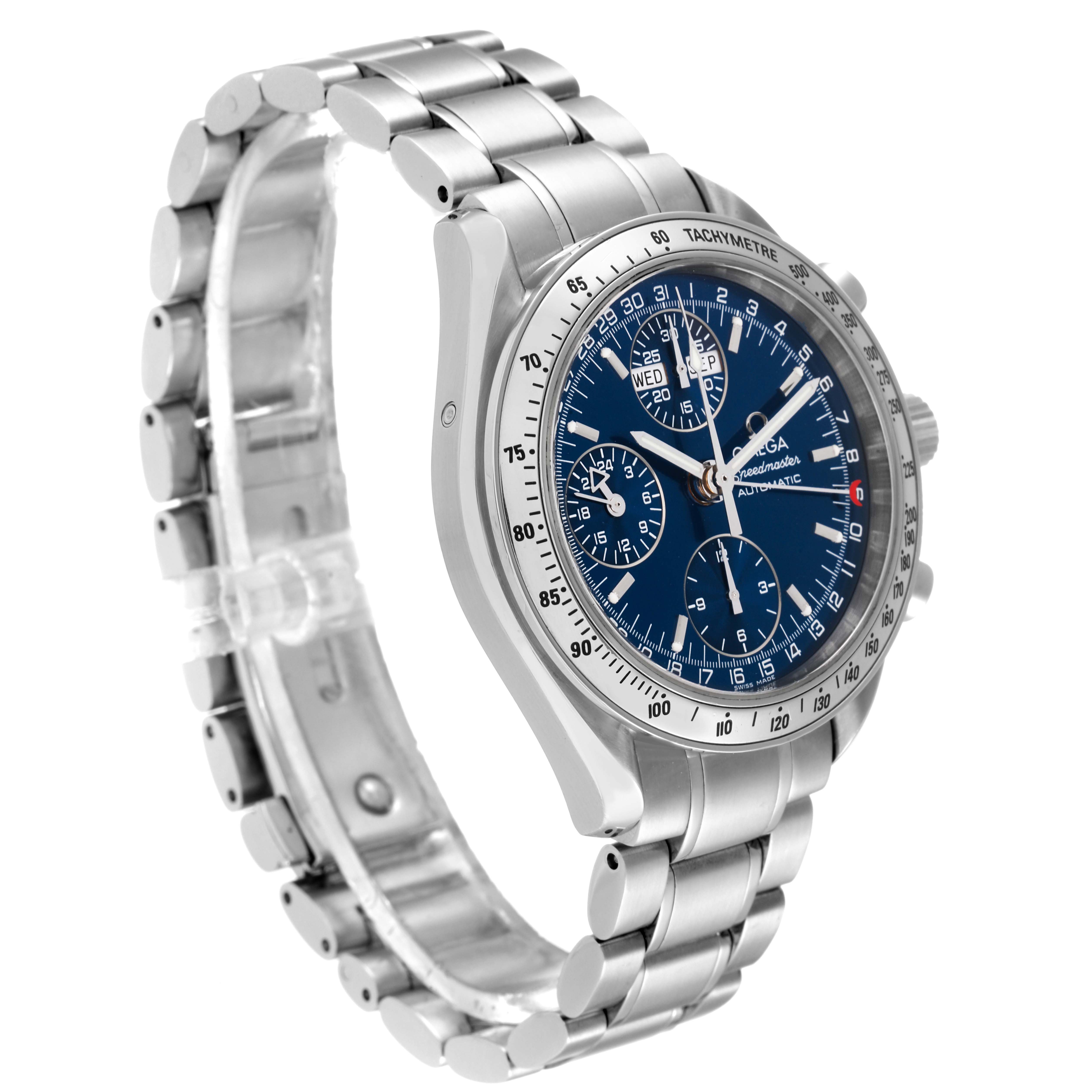 The Omega Speedmaster 3523.80.00 Men's Stainless Steel Blue Dial 3523.80.00 Men's Stainless Steel Blue Dial watch is shown at an angle, highlighting the face, crown, and stainless steel bracelet.