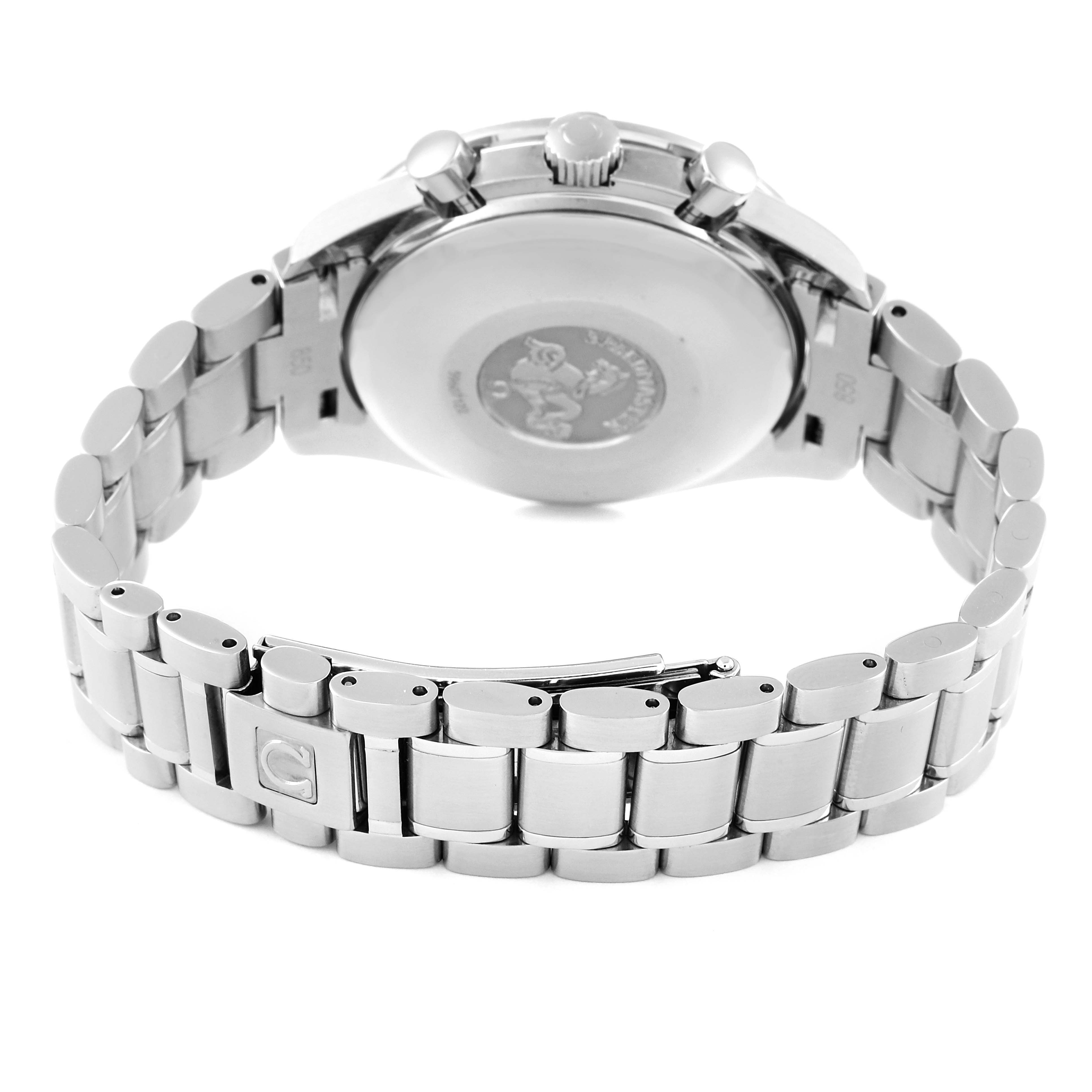 This image shows the back case and bracelet of the Omega Speedmaster 3523.80.00 Men's Stainless Steel Blue Dial 3523.80.00 Men's Stainless Steel Blue Dial watch from a rear angle.