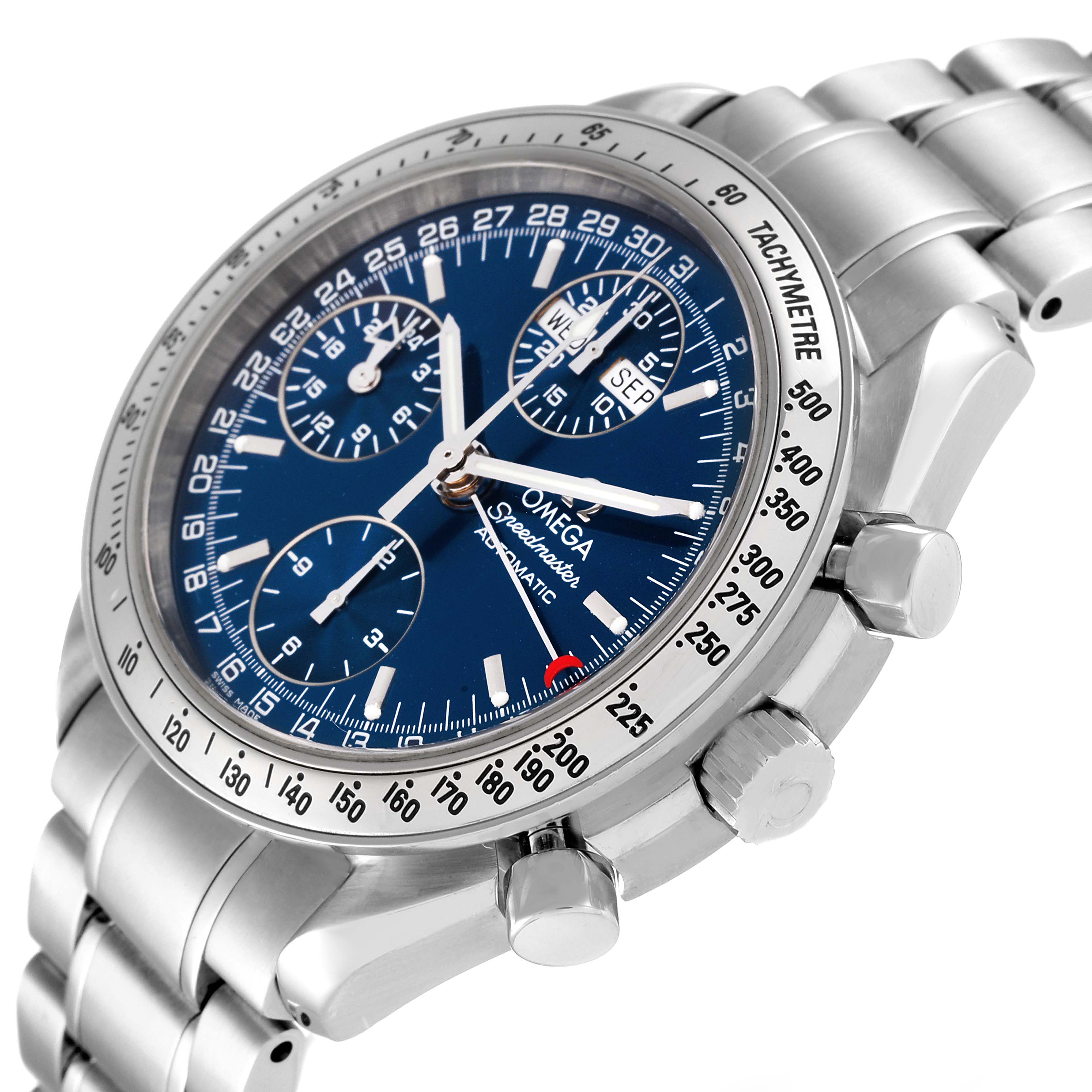 The image shows an angled close-up of an Omega Speedmaster 3523.80.00 Men's Stainless Steel Blue Dial 3523.80.00 Men's Stainless Steel Blue Dial watch, highlighting its dial, subdials, tachymeter, and stainless steel bracelet.