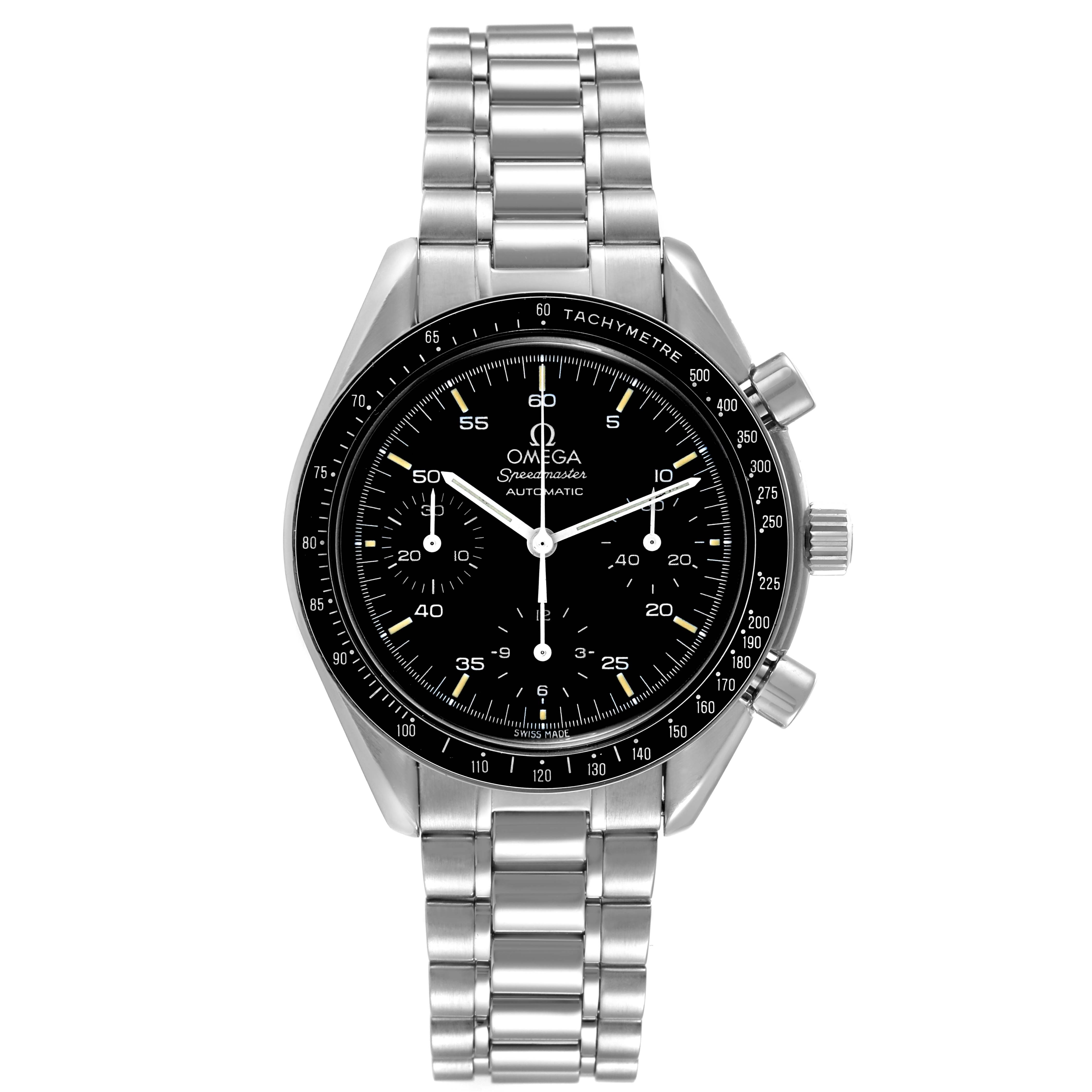The image shows a front view of an Omega Speedmaster 3510.50.00 Men
s Stainless Steel Black Dial 3510.50.00 Men
s Stainless Steel Black Dial watch, highlighting the dial, bezel, and stainless steel bracelet.