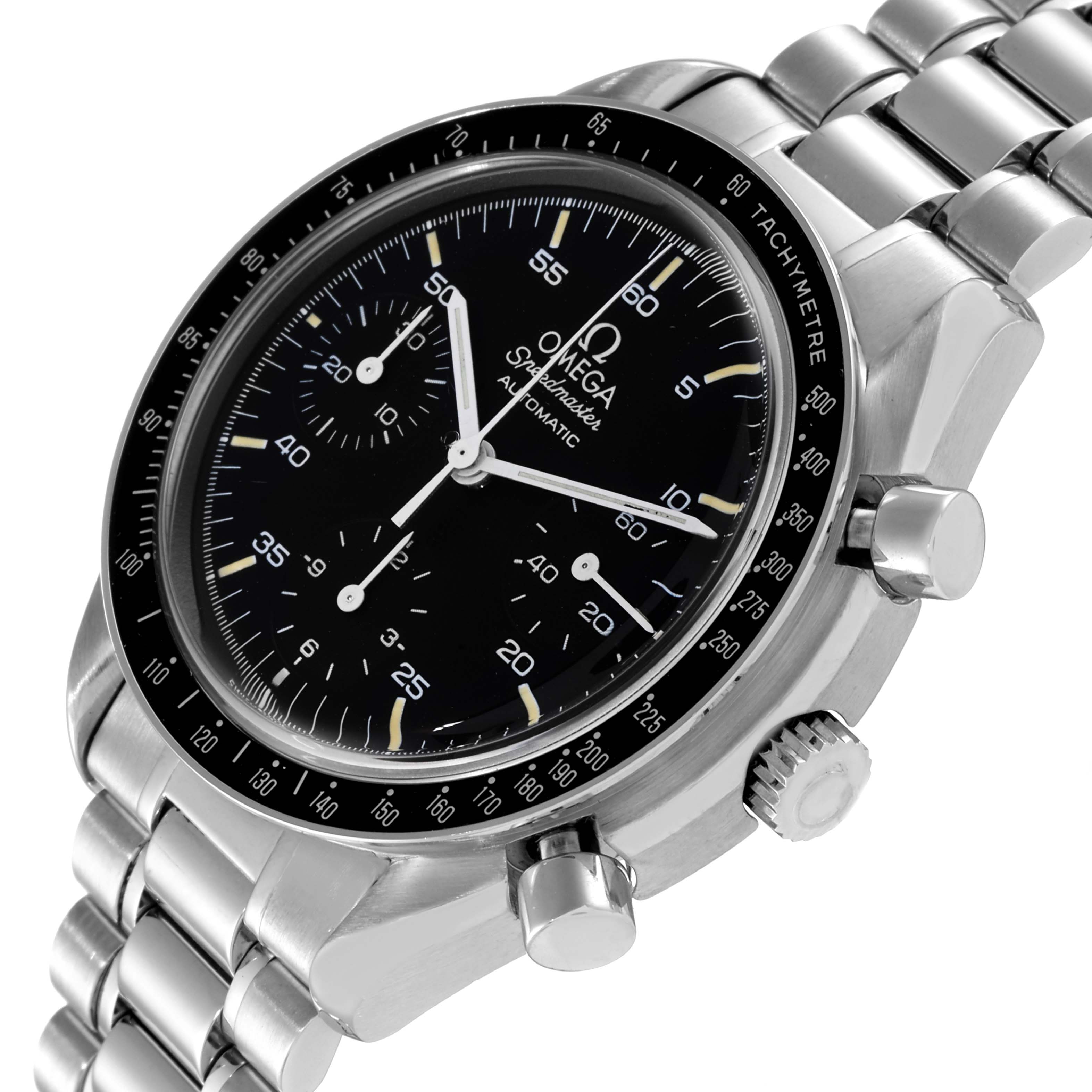 This image shows the Omega Speedmaster 3510.50.00 Men
s Stainless Steel Black Dial 3510.50.00 Men
s Stainless Steel Black Dial watch at an angled side view, highlighting the dial, subdials, bezel, crown, and pushers.