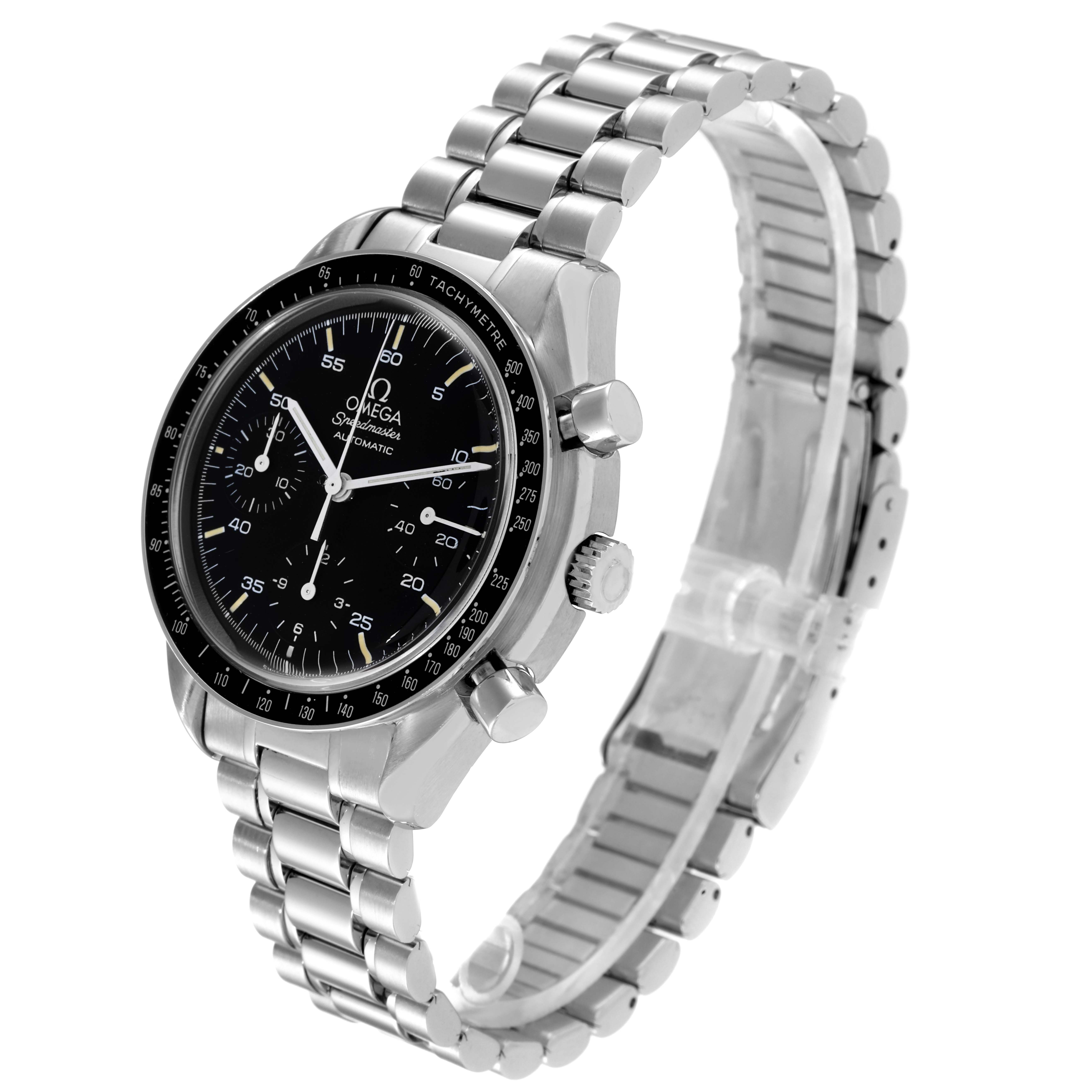 The image shows a side angle view of an Omega Speedmaster 3510.50.00 Men
s Stainless Steel Black Dial 3510.50.00 Men
s Stainless Steel Black Dial watch, displaying the face, bezel, crown, pushers, and metal bracelet.