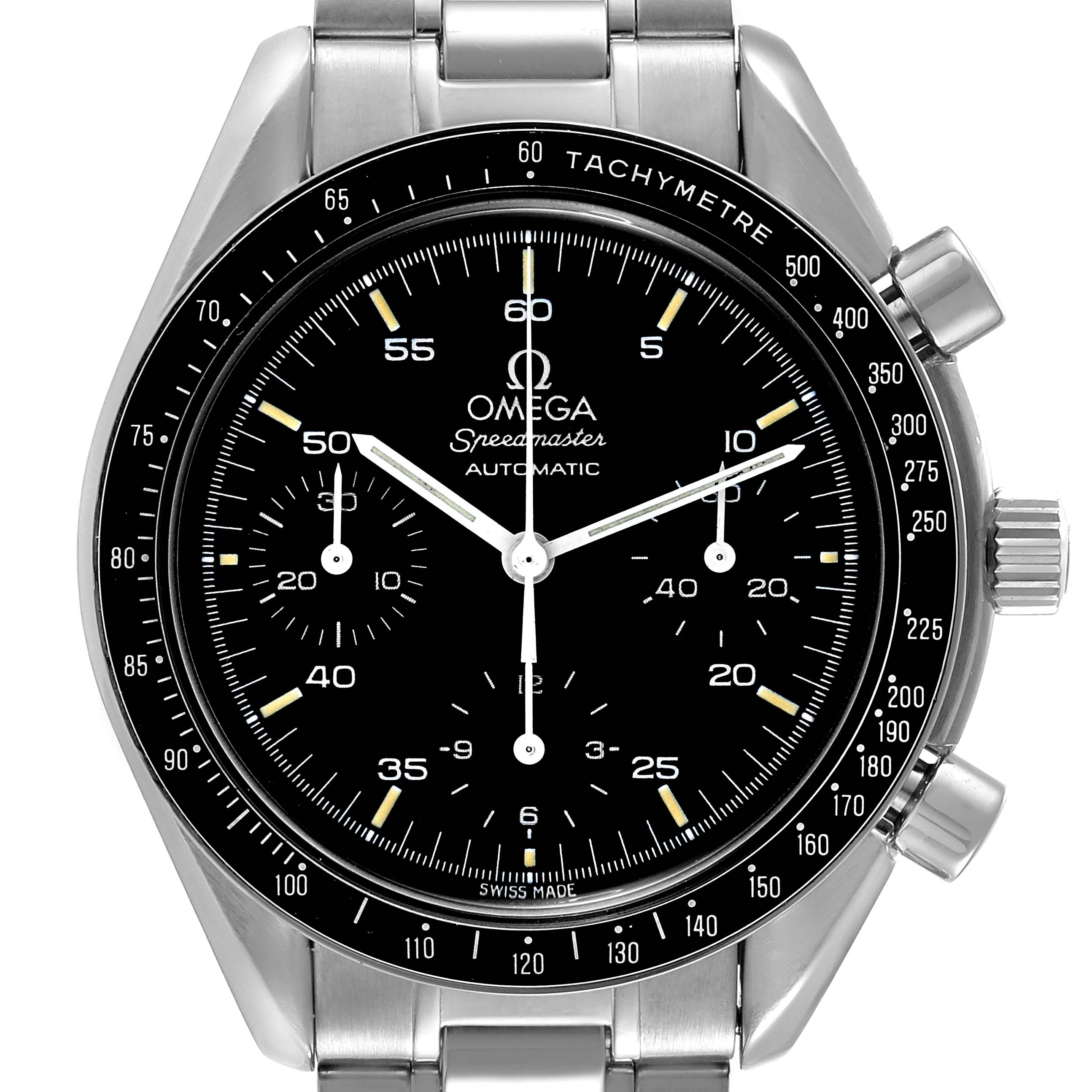 The image shows a front angle of the Omega Speedmaster 3510.50.00 Men
s Stainless Steel Black Dial 3510.50.00 Men
s Stainless Steel Black Dial, highlighting the dial, tachymetre bezel, subdials, and stainless steel bracelet.