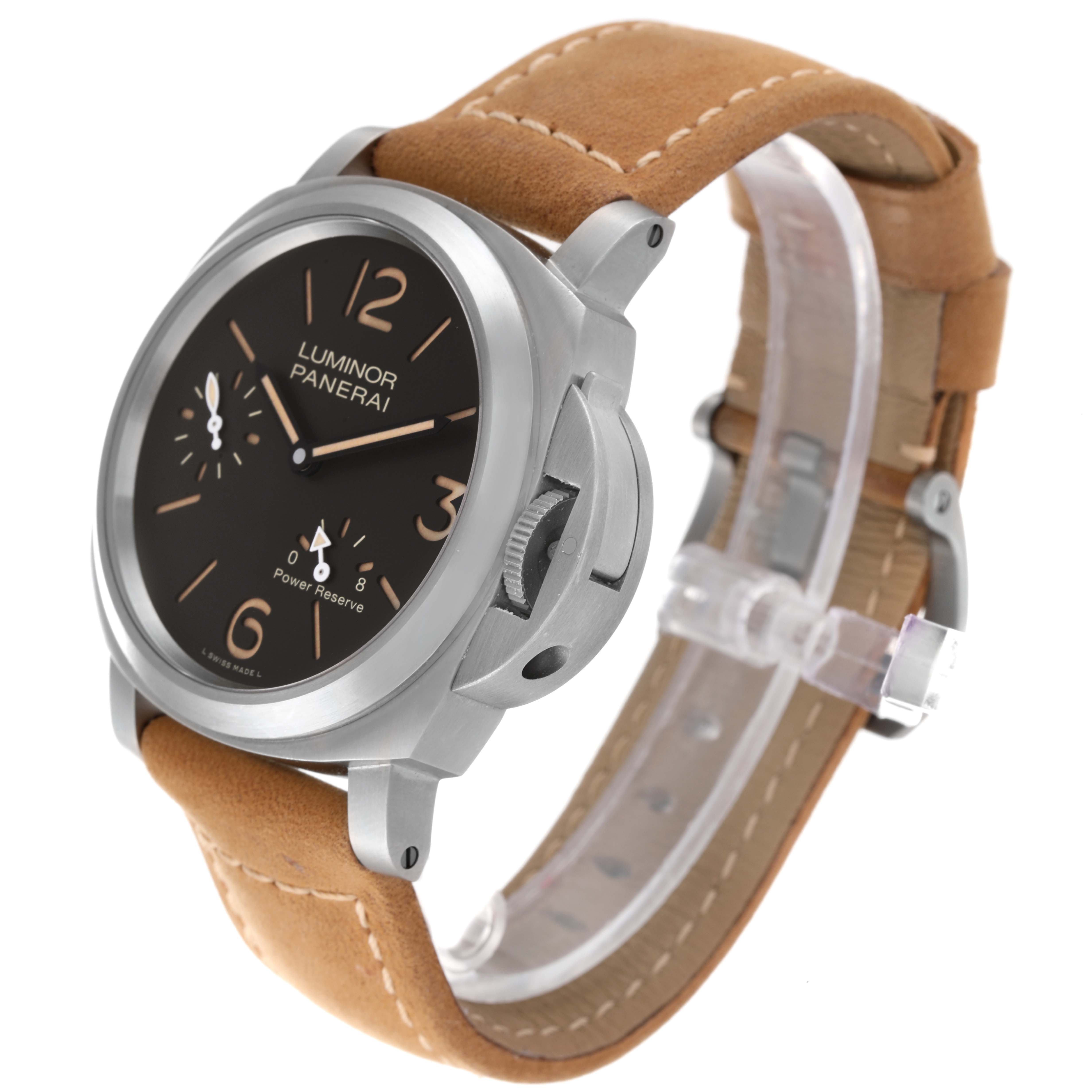 The image shows a Panerai Luminor PAM00797 Men's Titanium Brown Dial PAM00797 Men's Titanium Brown Dial watch at a three-quarter angle, showcasing its dial, crown guard, and brown leather strap.