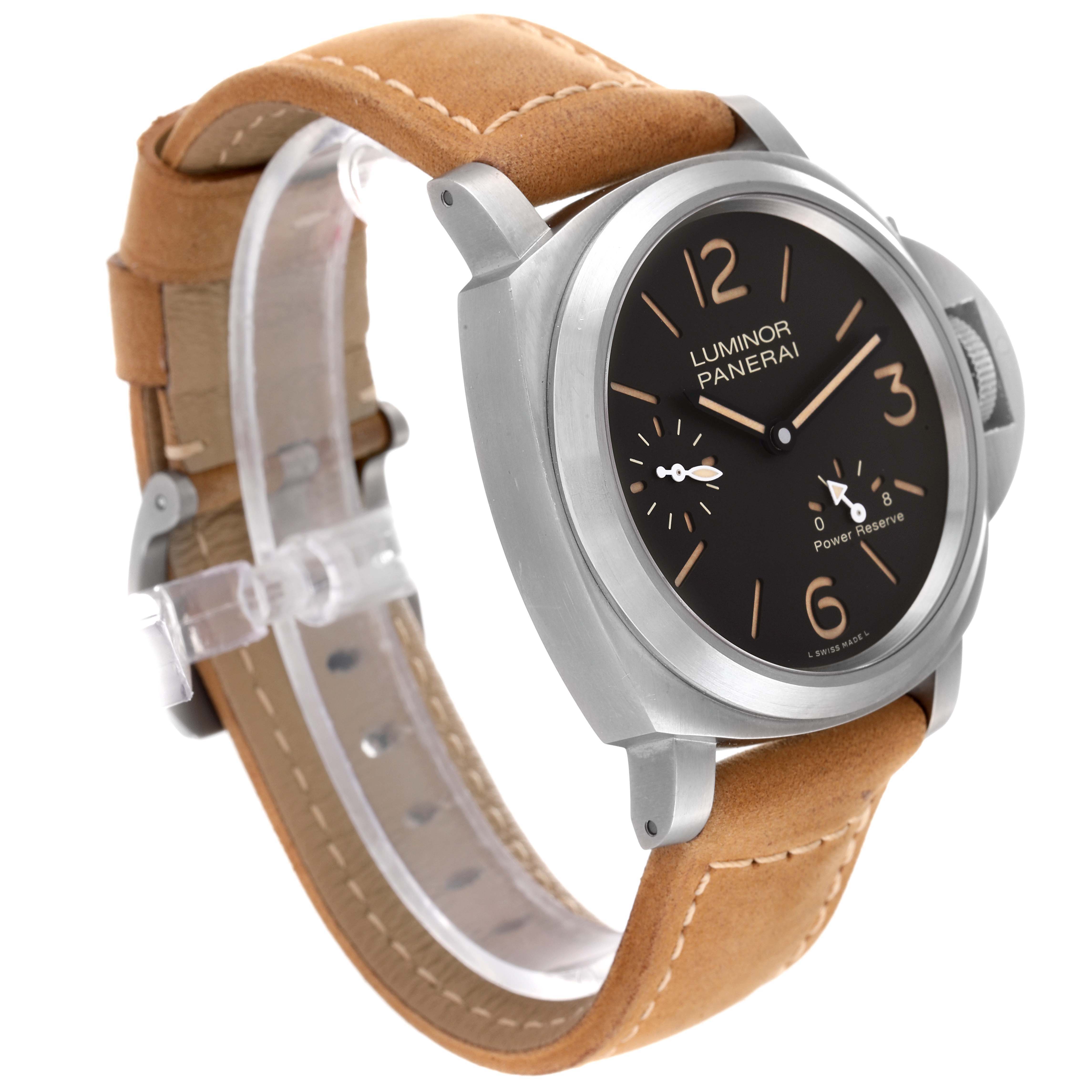 This Panerai Luminor PAM00797 Men's Titanium Brown Dial PAM00797 Men's Titanium Brown Dial model watch is shown at an angle displaying the face, bezel, crown guard, and leather strap.