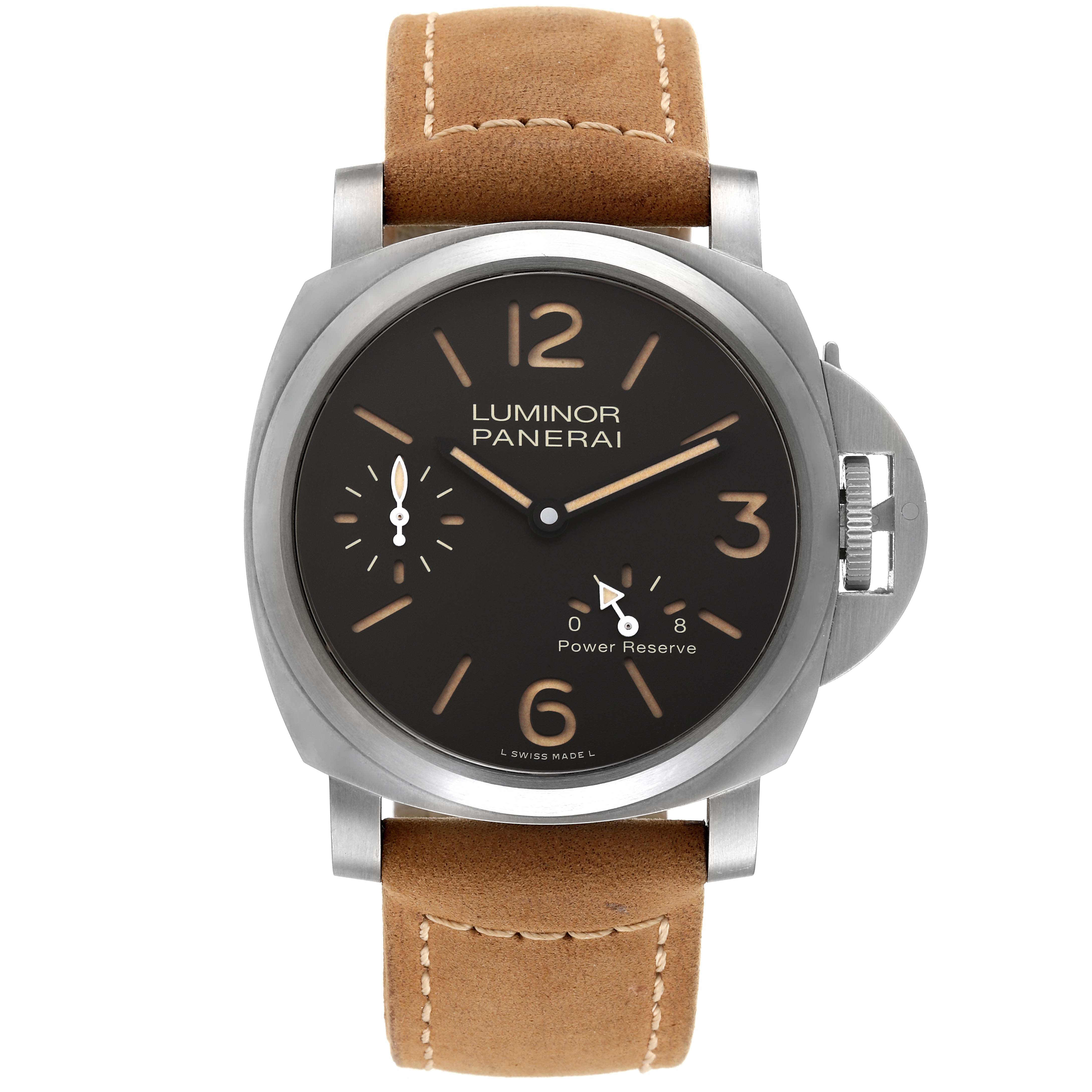 The Panerai Luminor PAM00797 Men's Titanium Brown Dial PAM00797 Men's Titanium Brown Dial watch is shown from a front angle, displaying its face, leather strap, and crown guard.