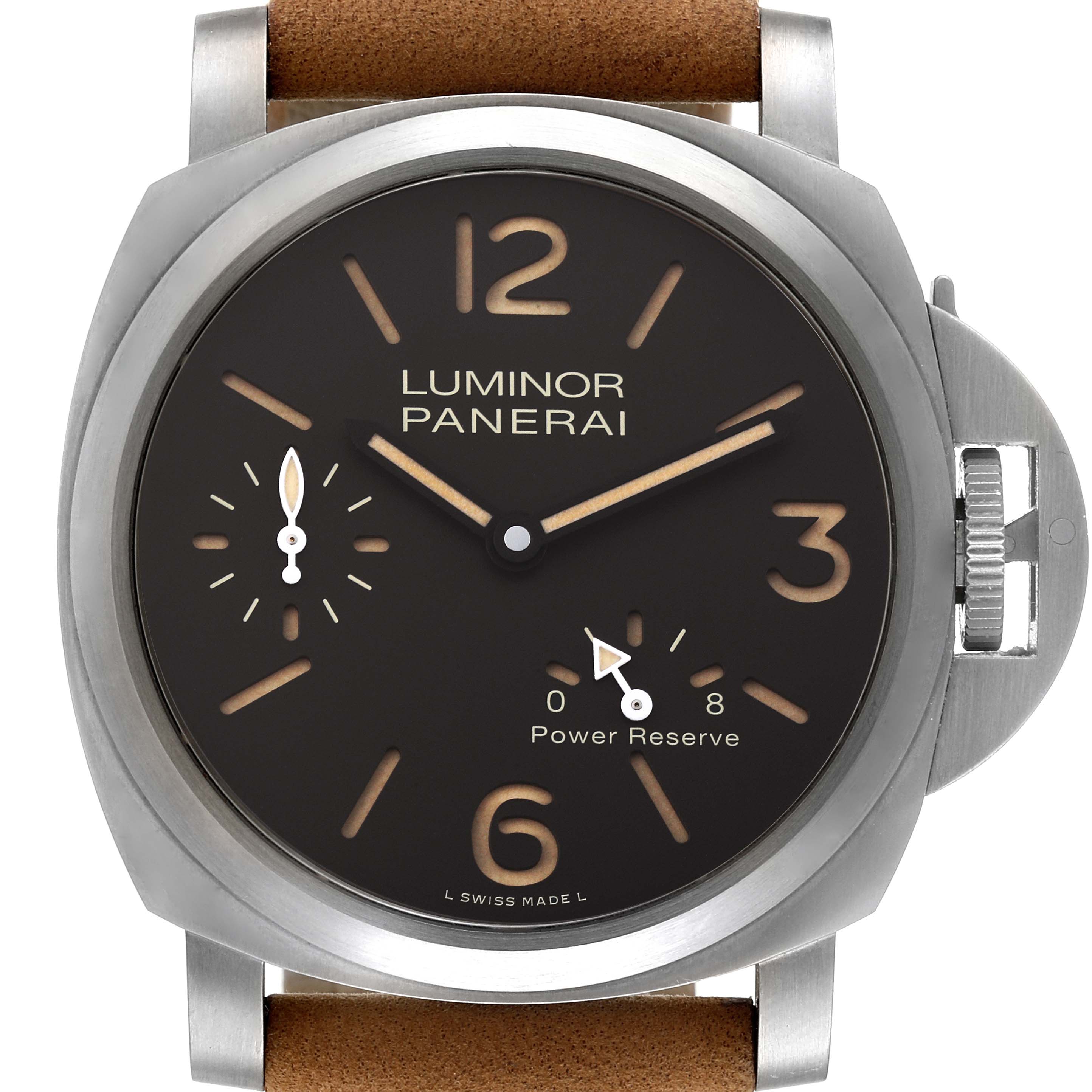 The image shows a front view of a Panerai Luminor PAM00797 Men's Titanium Brown Dial PAM00797 Men's Titanium Brown Dial watch featuring the dial, hands, crown guard, and leather strap.