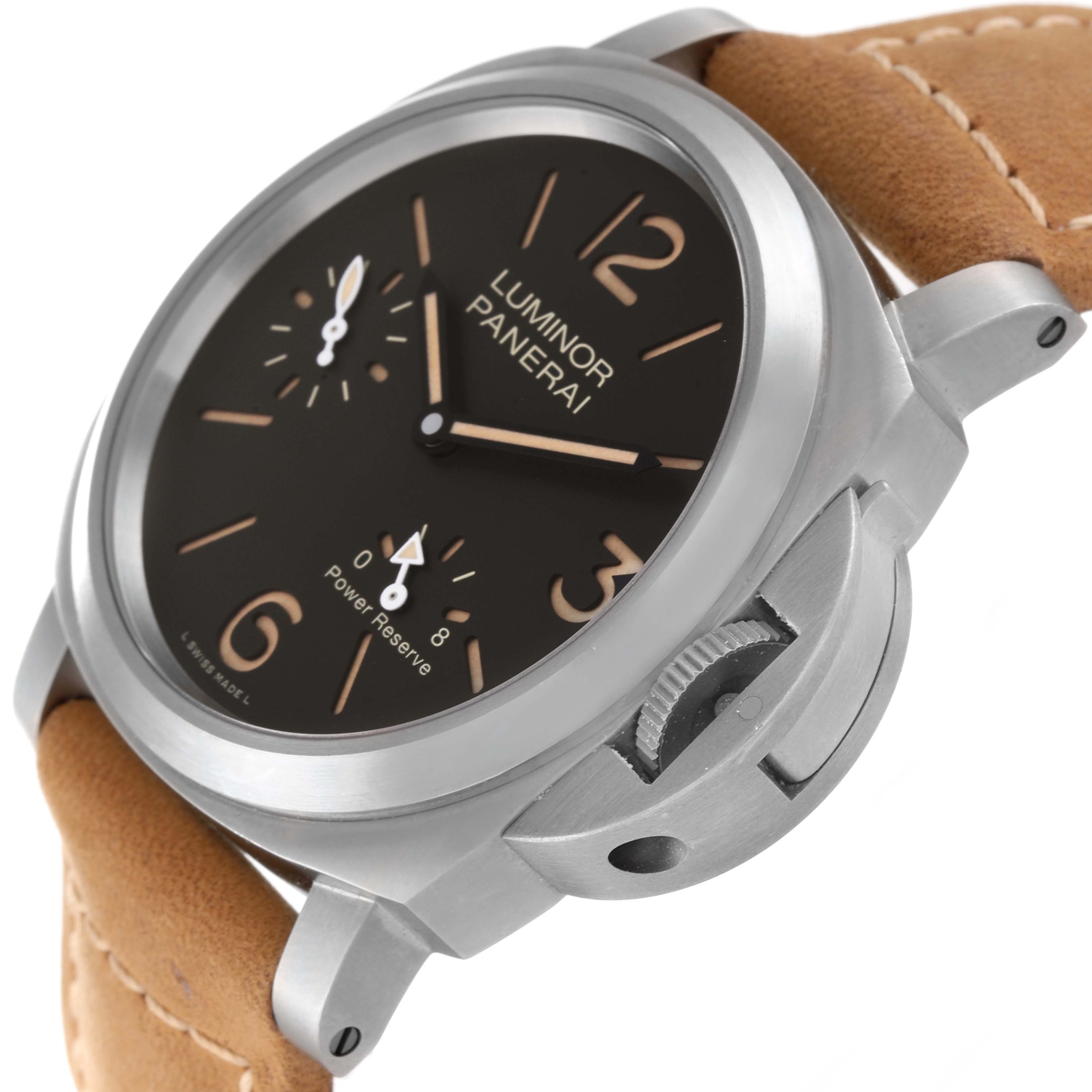 The image shows a side view of the Panerai Luminor PAM00797 Men's Titanium Brown Dial PAM00797 Men's Titanium Brown Dial watch, highlighting its dial, crown guard, and brown leather strap.