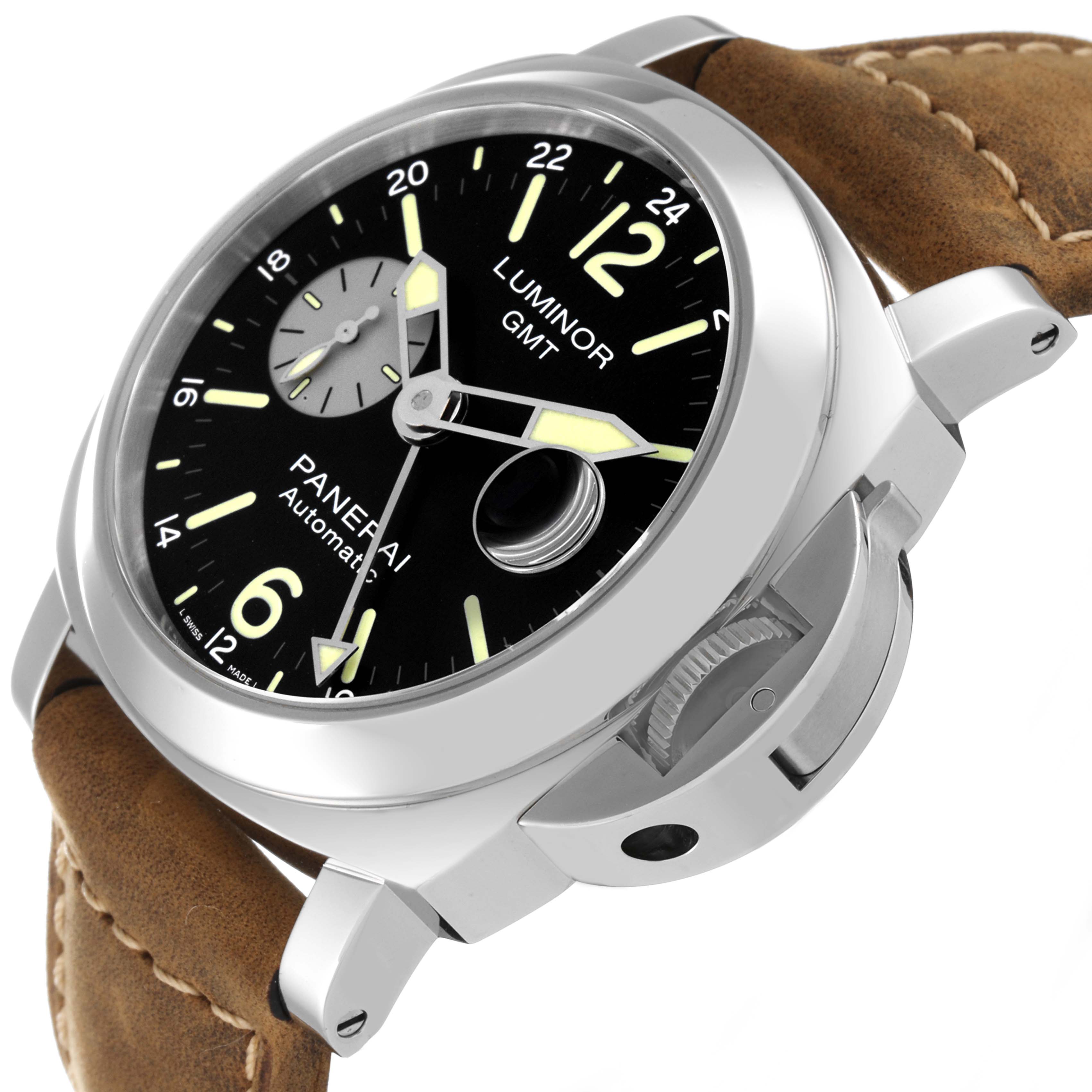 The image shows a Panerai Luminor PAM01088 Men
s Stainless Steel Black Dial PAM01088 Men
s Stainless Steel Black Dial GMT model watch, angled to highlight its face, crown guard, and brown leather strap.