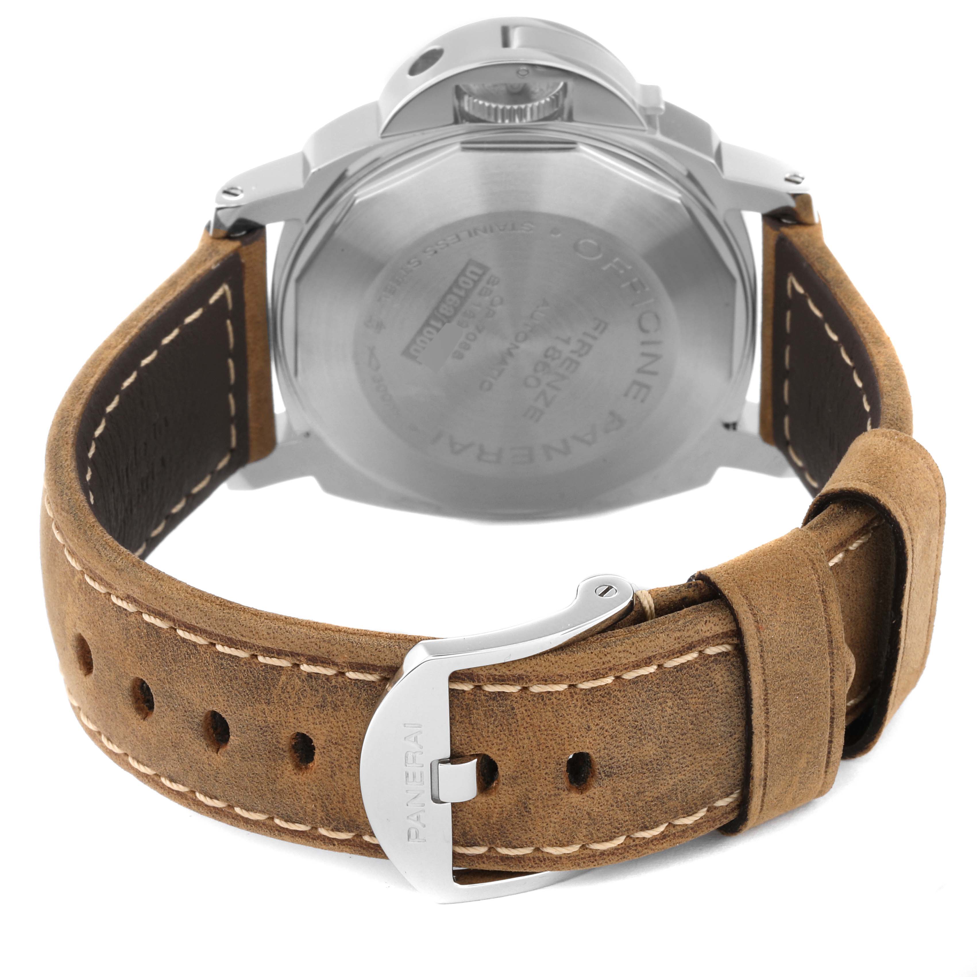 This image shows the back view of the Panerai Luminor PAM01088 Men
s Stainless Steel Black Dial PAM01088 Men
s Stainless Steel Black Dial watch, highlighting the case back, crown guard, and leather strap with buckle.