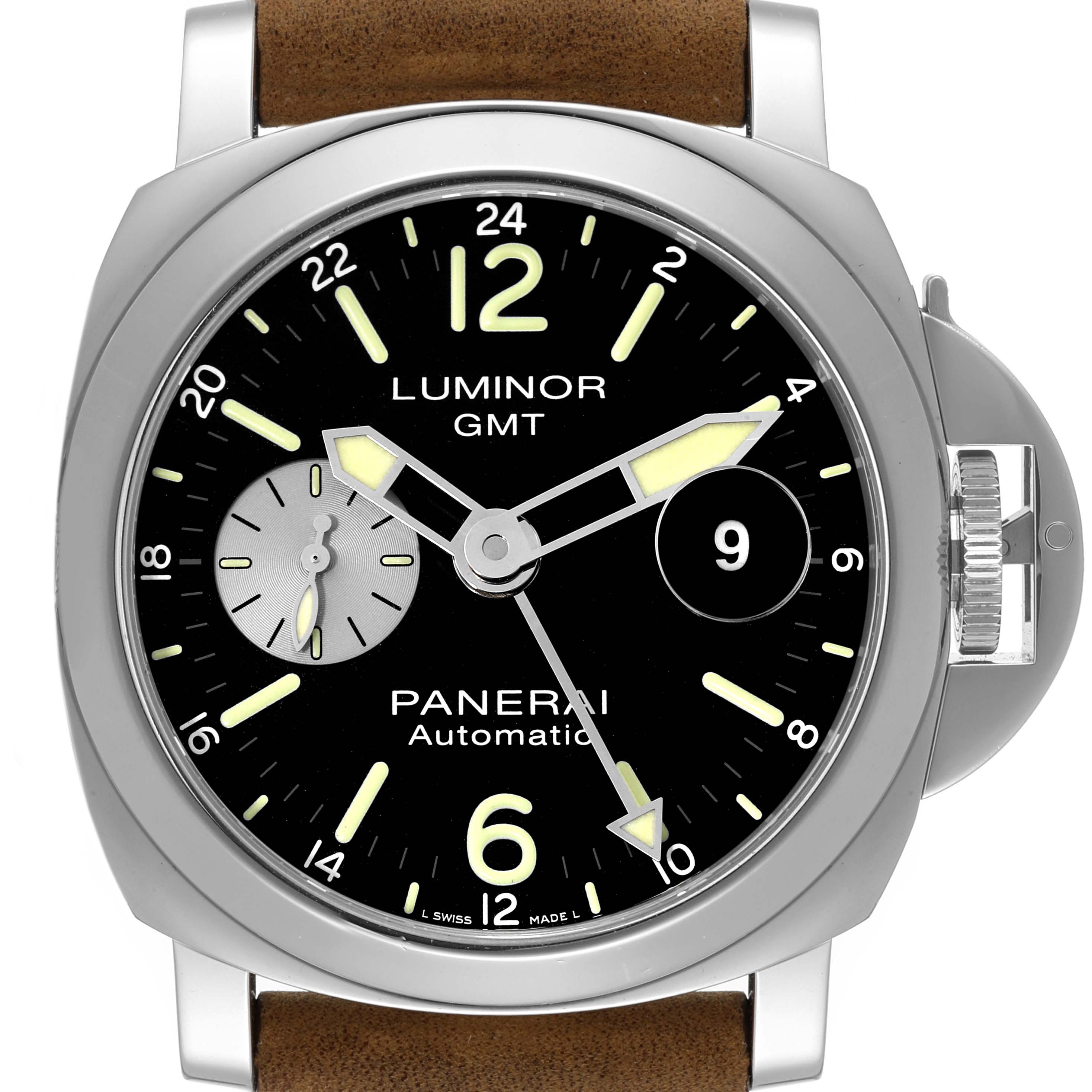 The image shows a front view of a Panerai Luminor PAM01088 Men
s Stainless Steel Black Dial PAM01088 Men
s Stainless Steel Black Dial GMT watch, highlighting the dial, hands, crown, and part of the leather strap.
