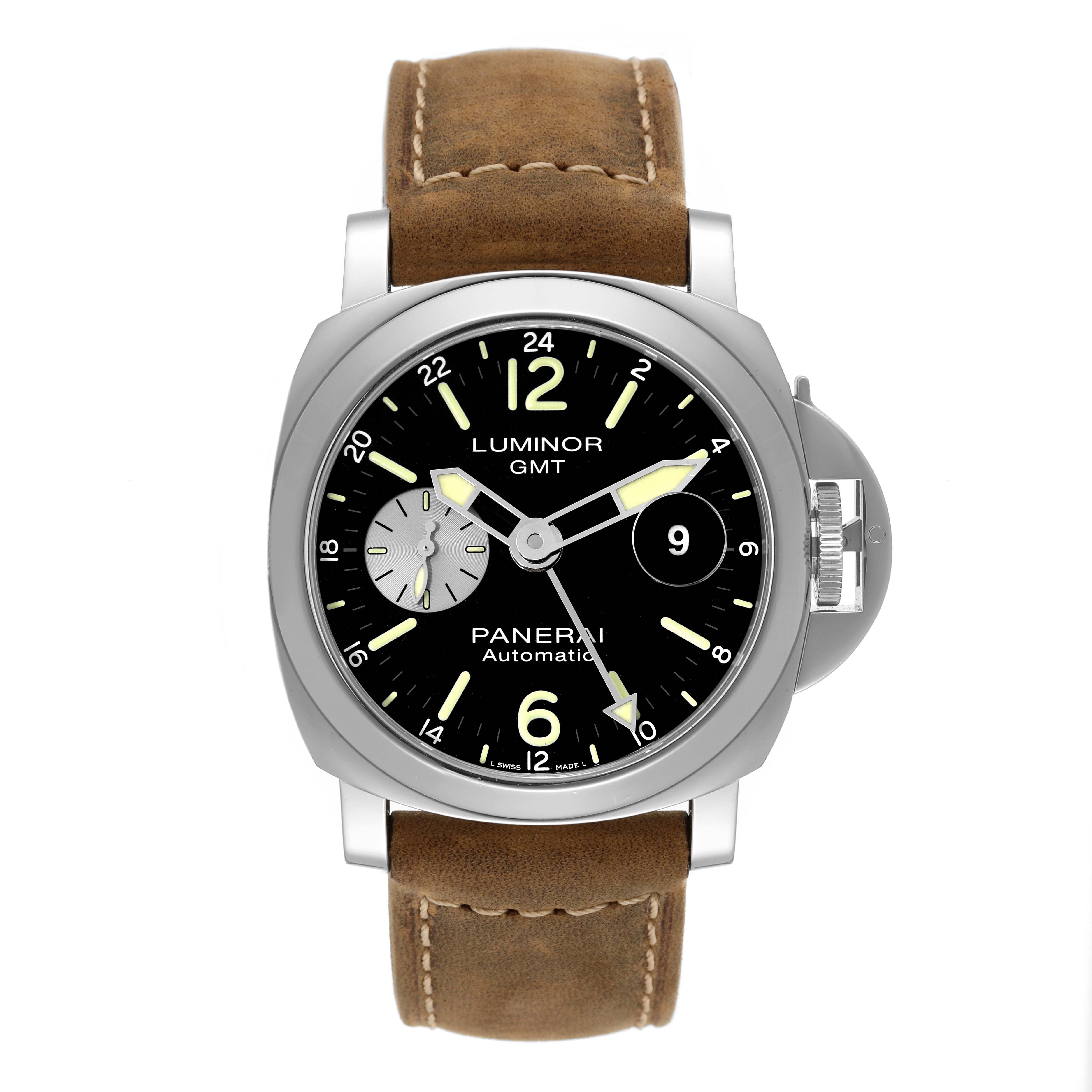 This image shows a frontal view of the Panerai Luminor PAM01088 Men
s Stainless Steel Black Dial PAM01088 Men
s Stainless Steel Black Dial GMT watch, detailing the face, hands, crown guard, and leather strap.
