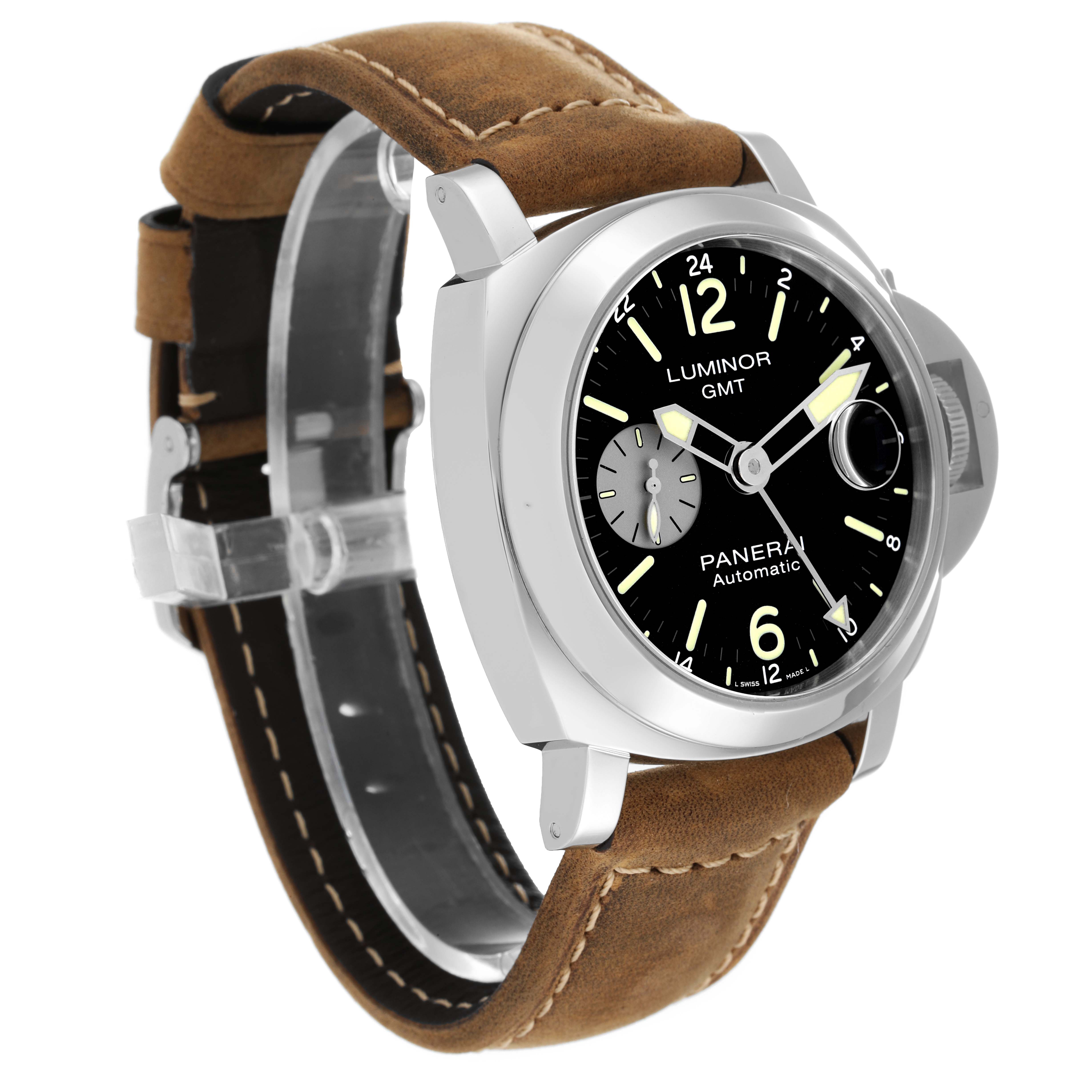 The image shows a Panerai Luminor PAM01088 Men
s Stainless Steel Black Dial PAM01088 Men
s Stainless Steel Black Dial GMT watch at an angled side view, highlighting the face, bezel, and brown leather strap.