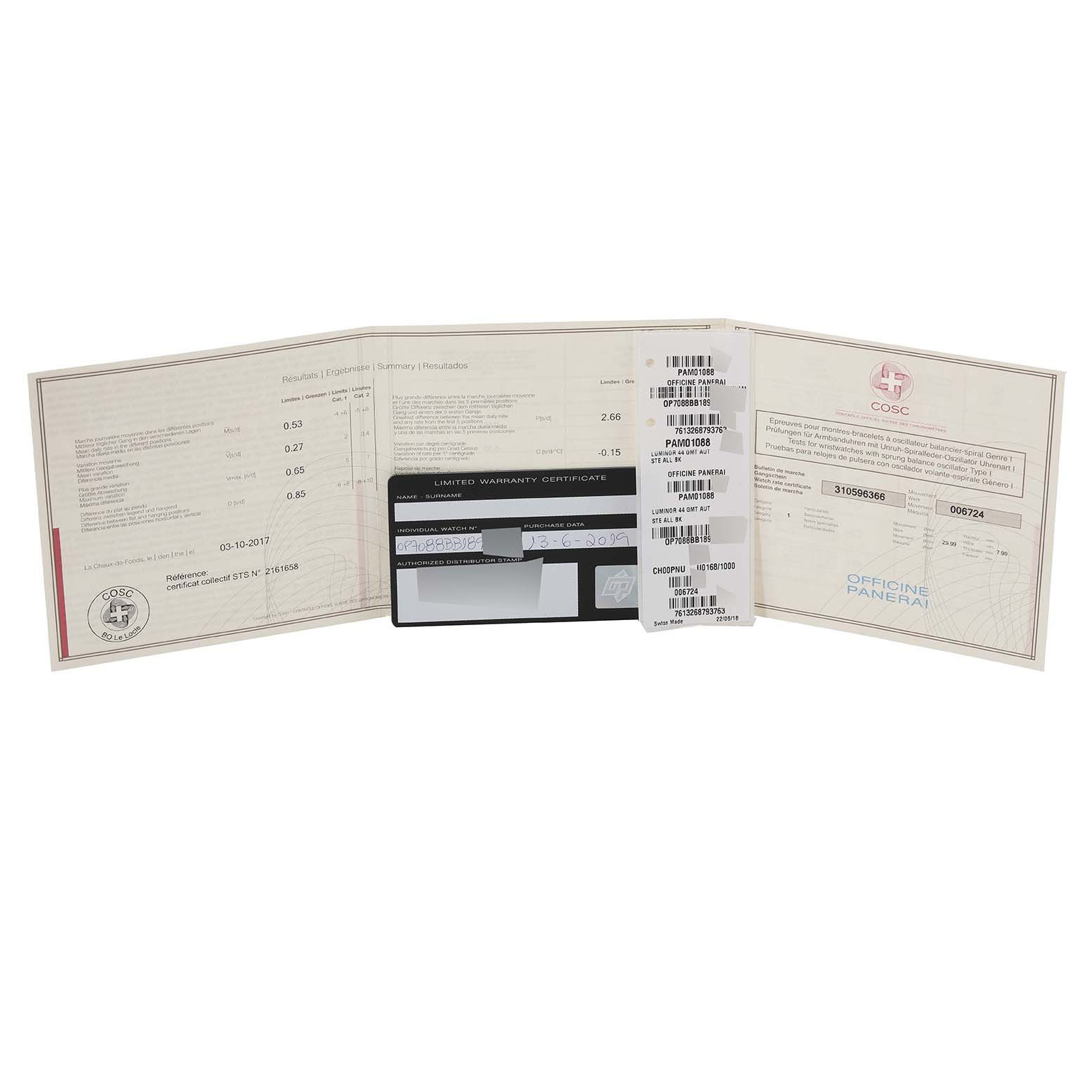 The image shows the documentation and warranty card for a Panerai Luminor PAM01088 Men
s Stainless Steel Black Dial PAM01088 Men
s Stainless Steel Black Dial watch.