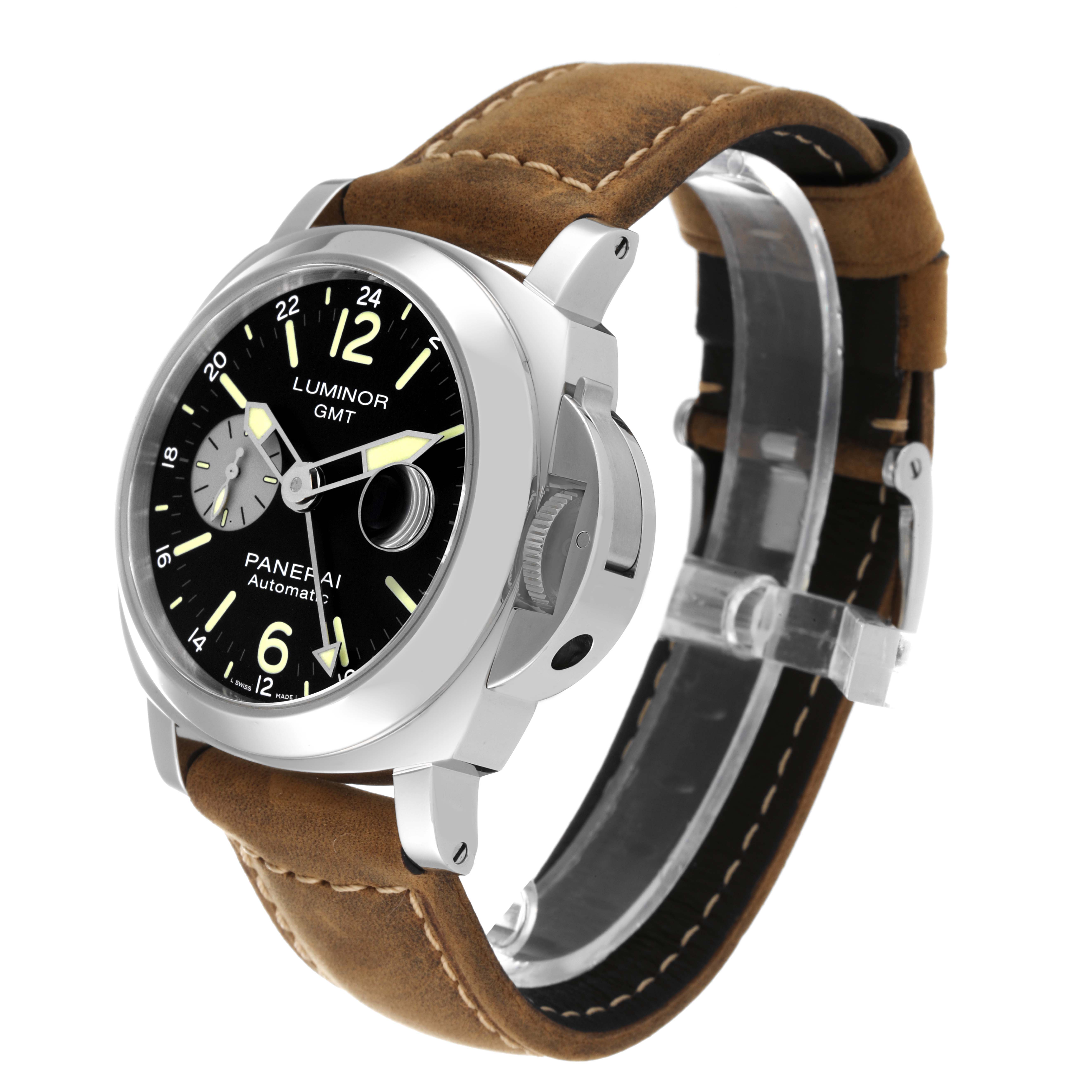 The image shows a Panerai Luminor PAM01088 Men
s Stainless Steel Black Dial PAM01088 Men
s Stainless Steel Black Dial watch at a three-quarter angle, highlighting the face, crown guard, and brown leather strap.
