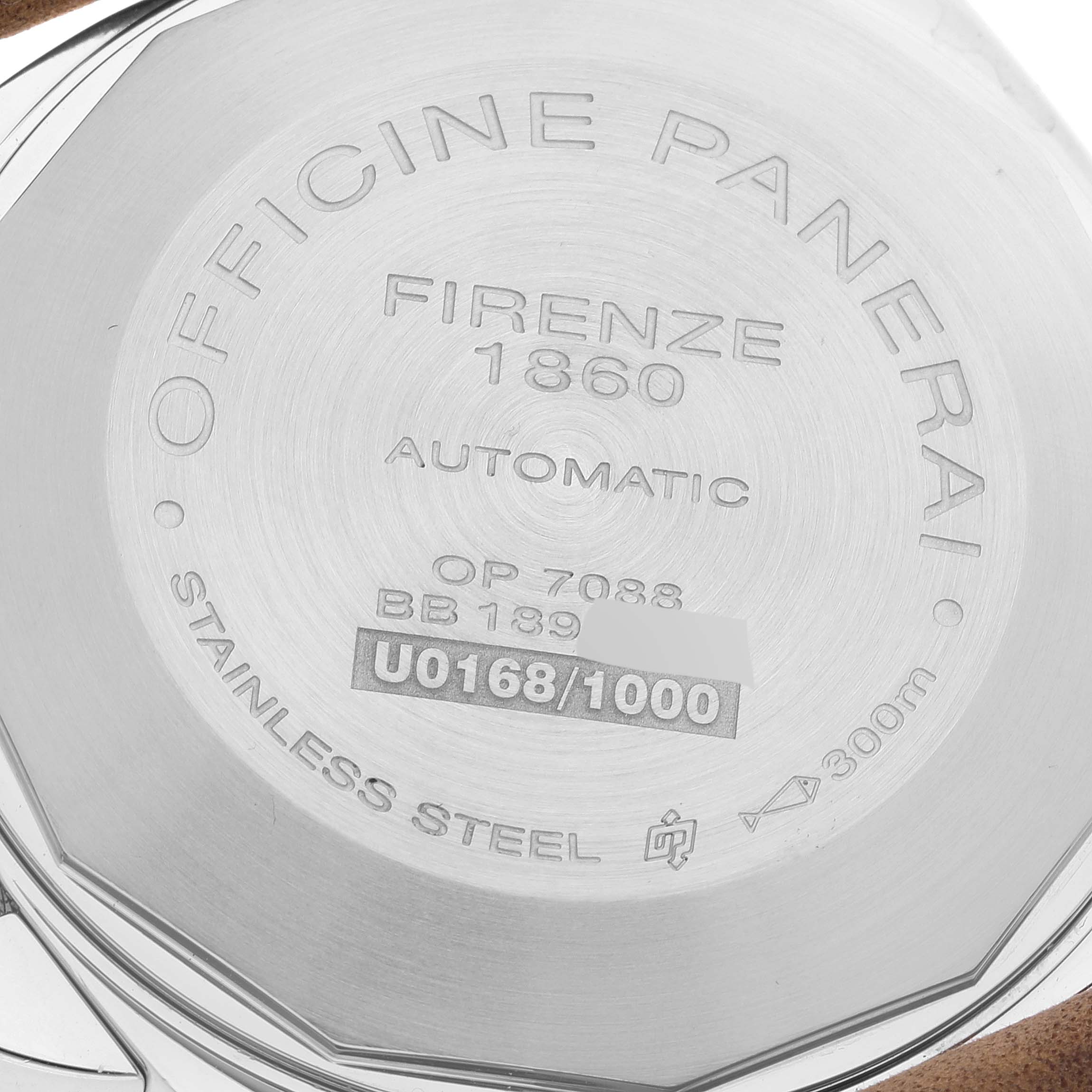 This is the back view of a Panerai Luminor PAM01088 Men
s Stainless Steel Black Dial PAM01088 Men
s Stainless Steel Black Dial watch, showing engravings detailing model specifics and construction materials.