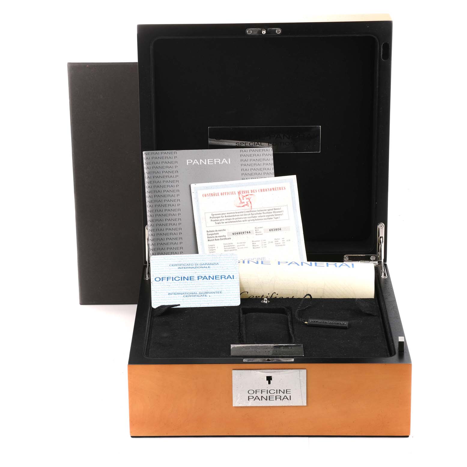 This image shows the open box and documents for a Panerai Luminor PAM00029 Men's Stainless Steel Black Dial PAM00029 Men's Stainless Steel Black Dial watch, viewed from the front.