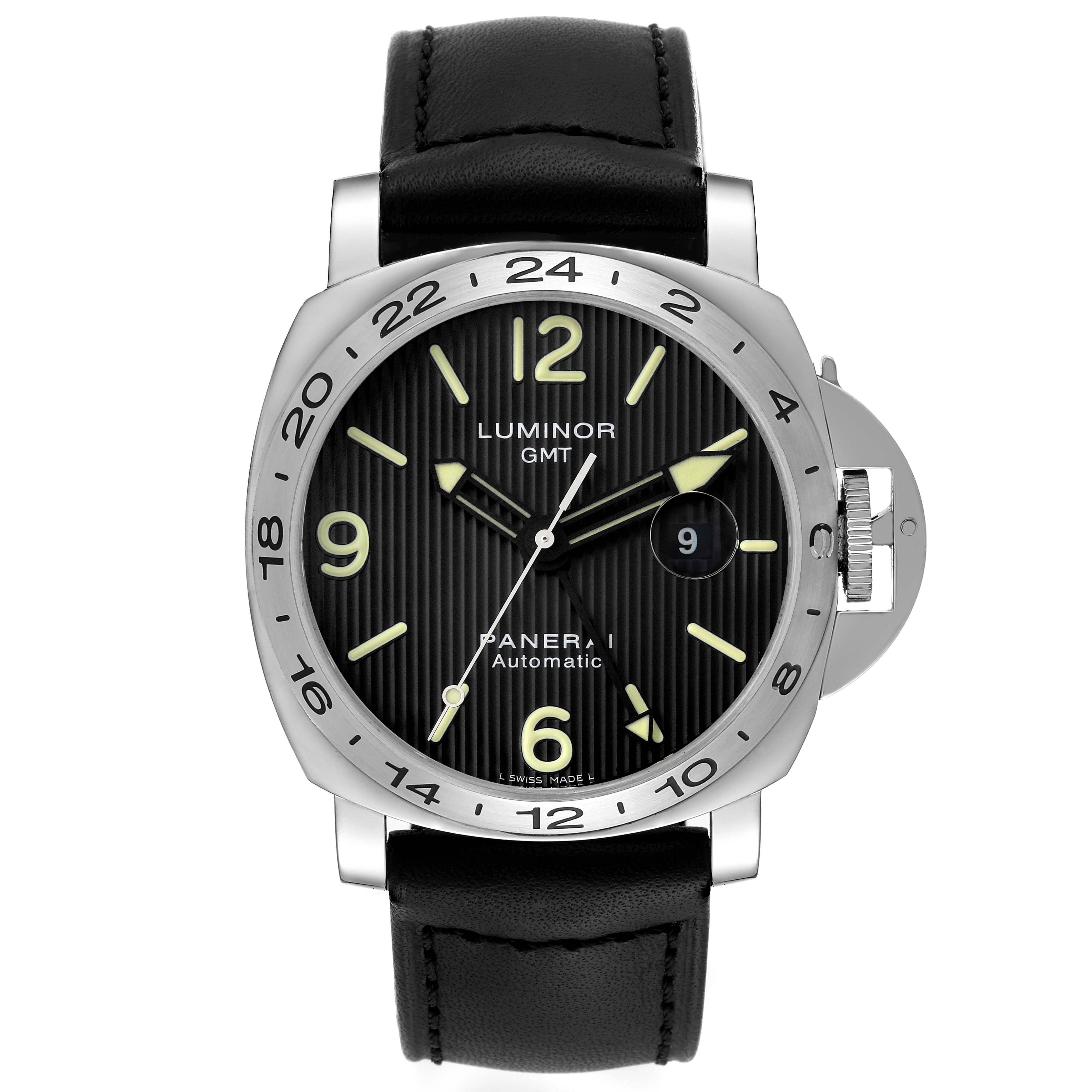 The image shows a front view of a Panerai Luminor PAM00029 Men's Stainless Steel Black Dial PAM00029 Men's Stainless Steel Black Dial GMT watch displaying its dial, bezel, crown, and leather strap.