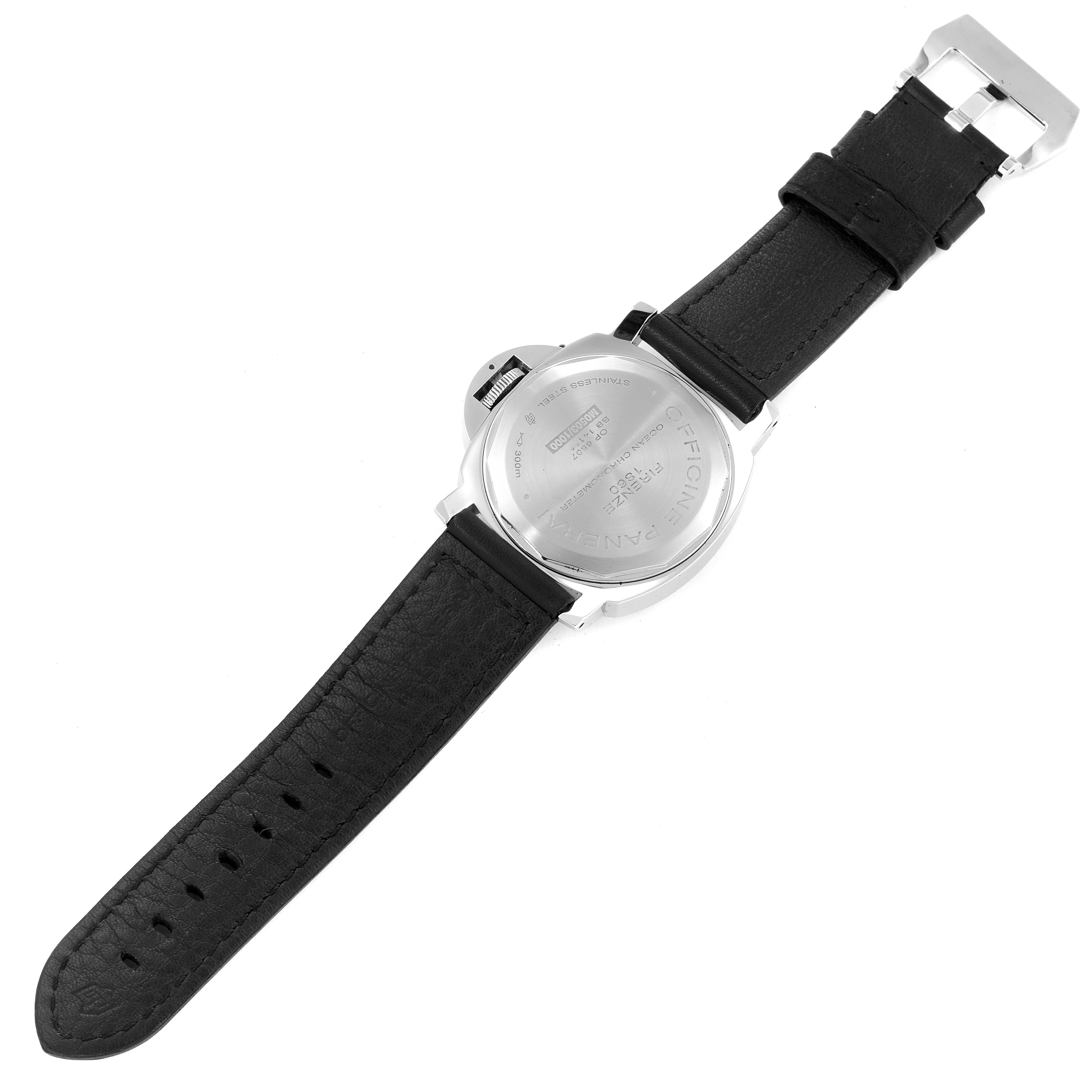 The image shows the back view of a Panerai Luminor PAM00029 Men's Stainless Steel Black Dial PAM00029 Men's Stainless Steel Black Dial watch with its case back and black leather strap.