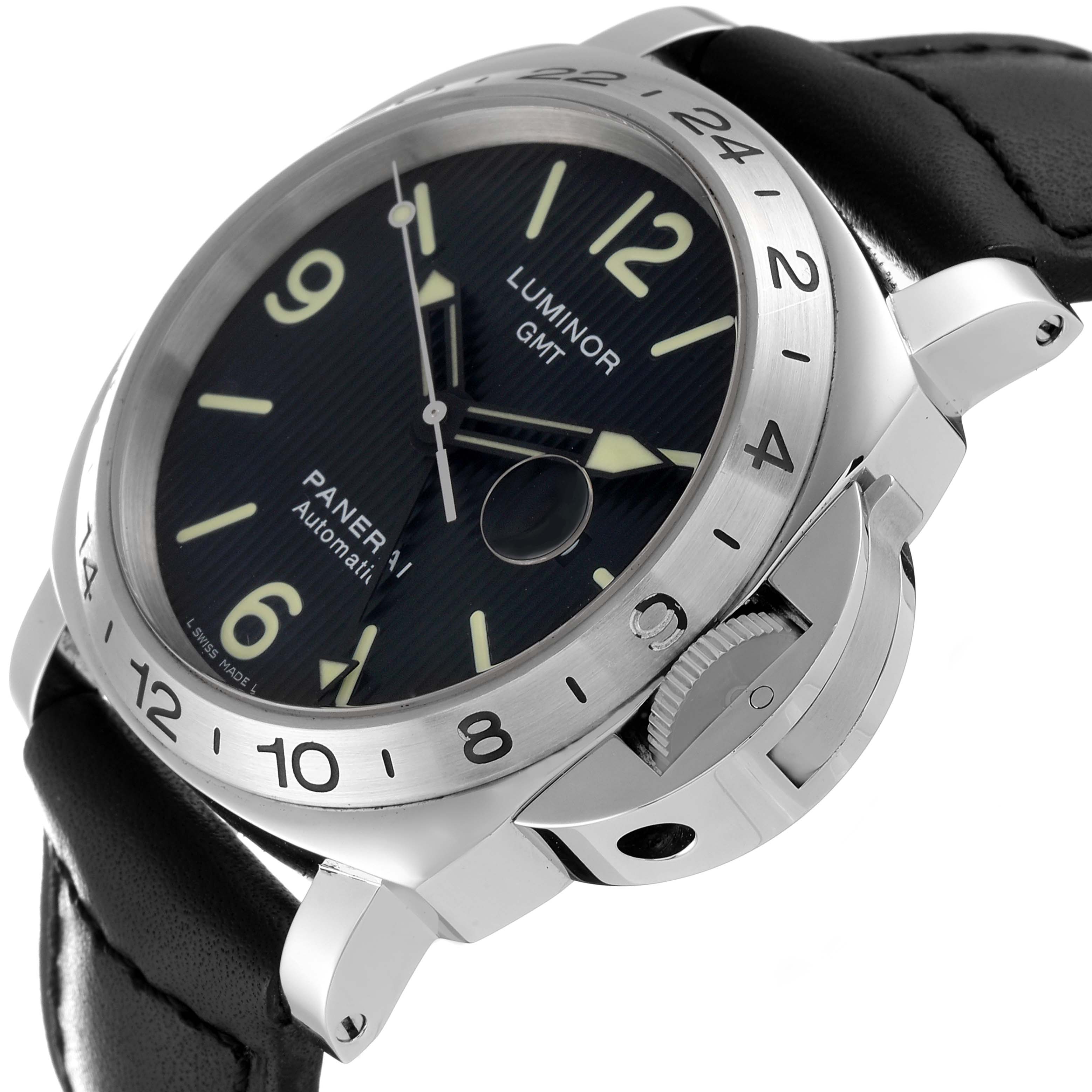 This image shows a Panerai Luminor PAM00029 Men's Stainless Steel Black Dial PAM00029 Men's Stainless Steel Black Dial model watch from a three-quarter front angle, highlighting the dial, bezel, crown guard, and strap.