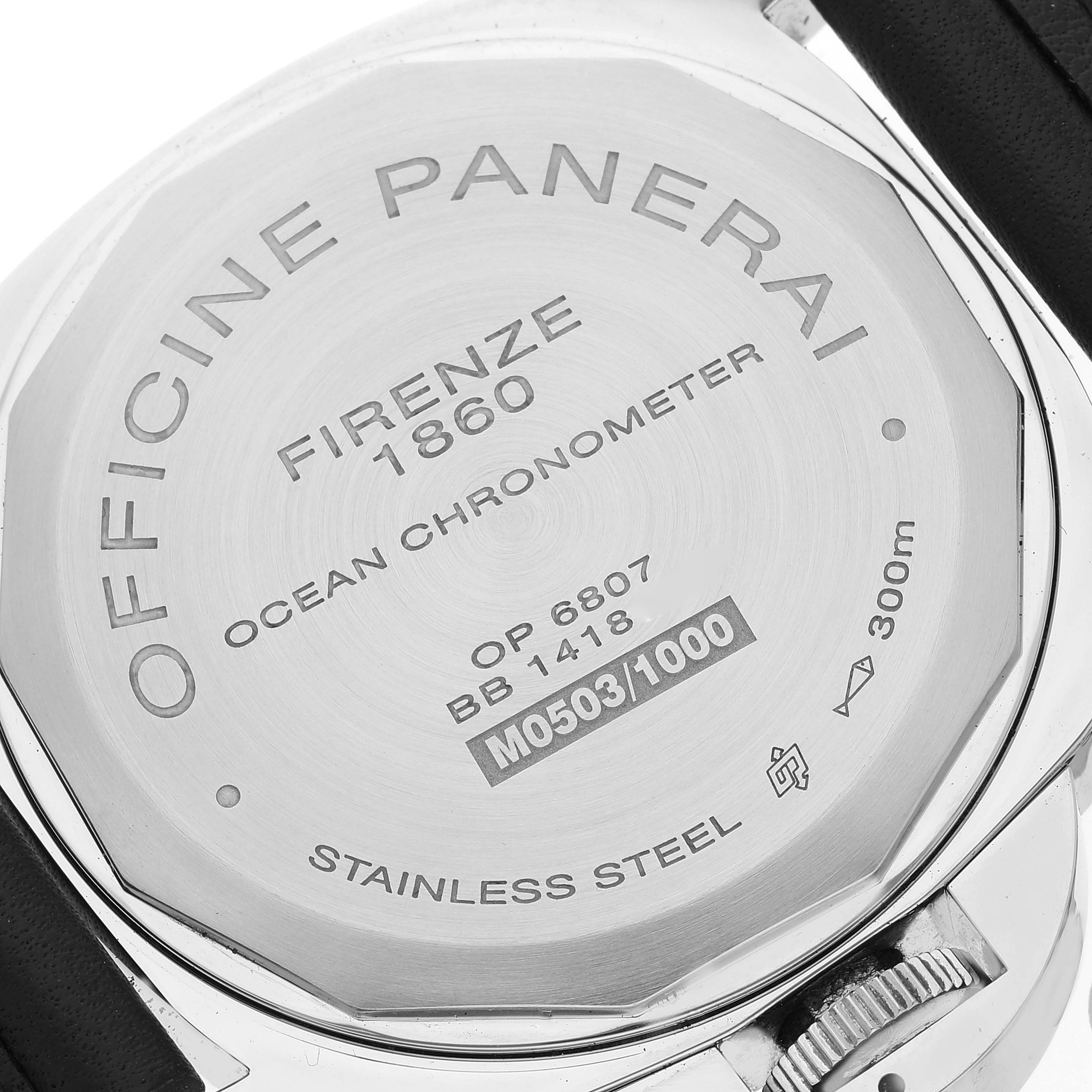 This image shows the back case of a Panerai Luminor PAM00029 Men's Stainless Steel Black Dial PAM00029 Men's Stainless Steel Black Dial watch, featuring various engravings and markings.