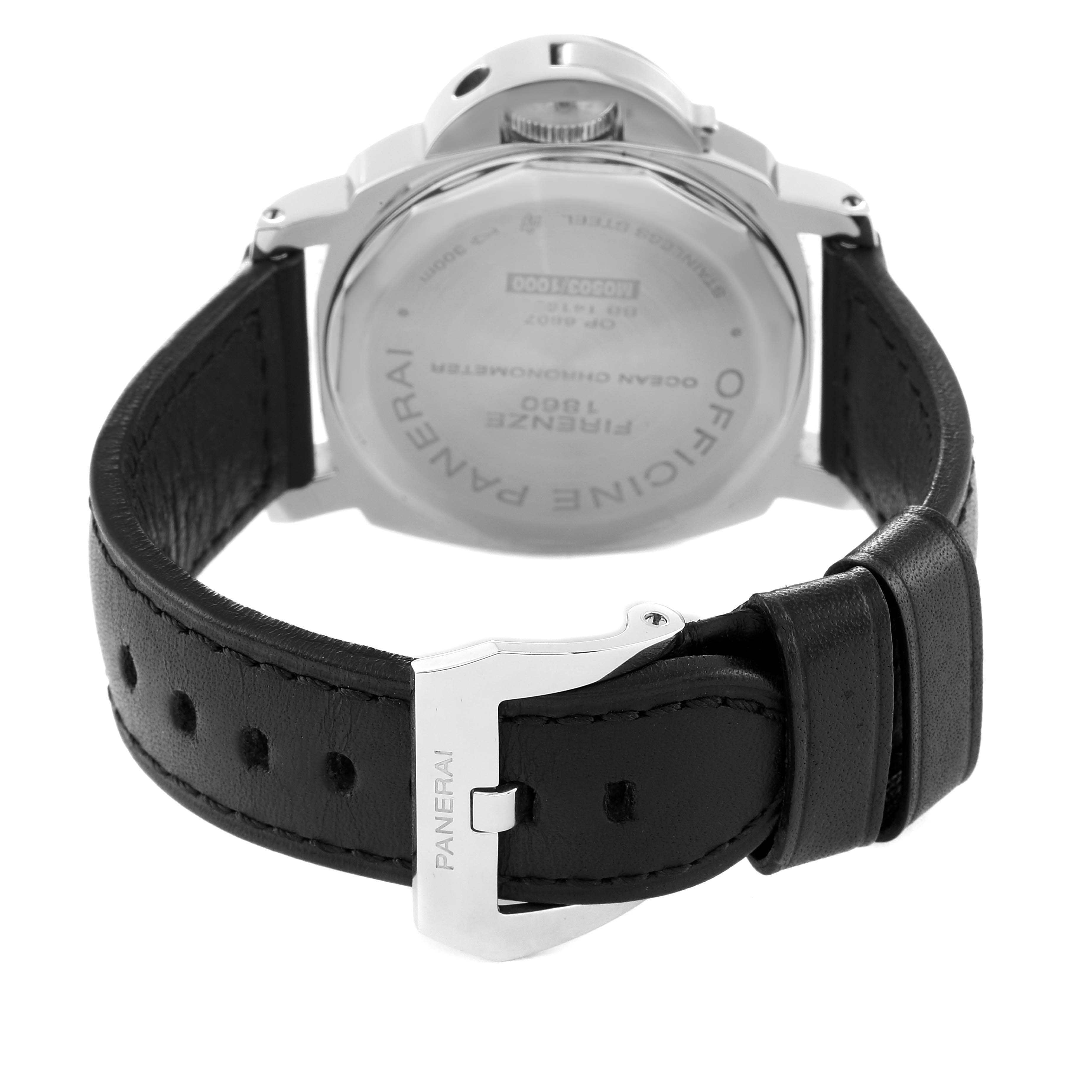 The image shows the rear view of a Panerai Luminor PAM00029 Men's Stainless Steel Black Dial PAM00029 Men's Stainless Steel Black Dial watch, displaying the case back and black leather strap with buckle.