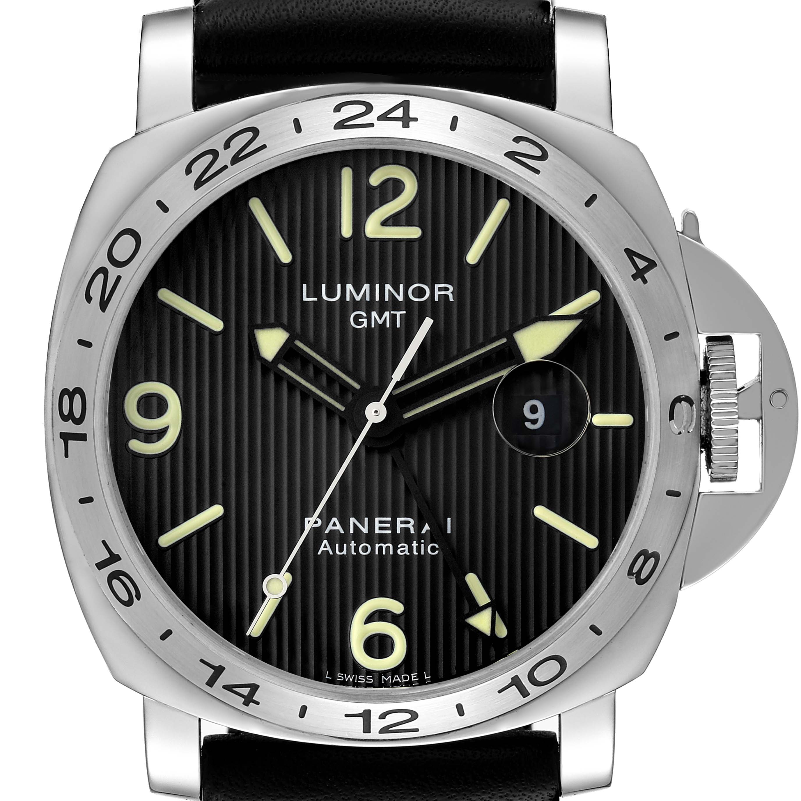 The image shows a Panerai Luminor PAM00029 Men's Stainless Steel Black Dial PAM00029 Men's Stainless Steel Black Dial GMT watch face straight-on, displaying the dial, numerals, hands, date window, and crown guard.