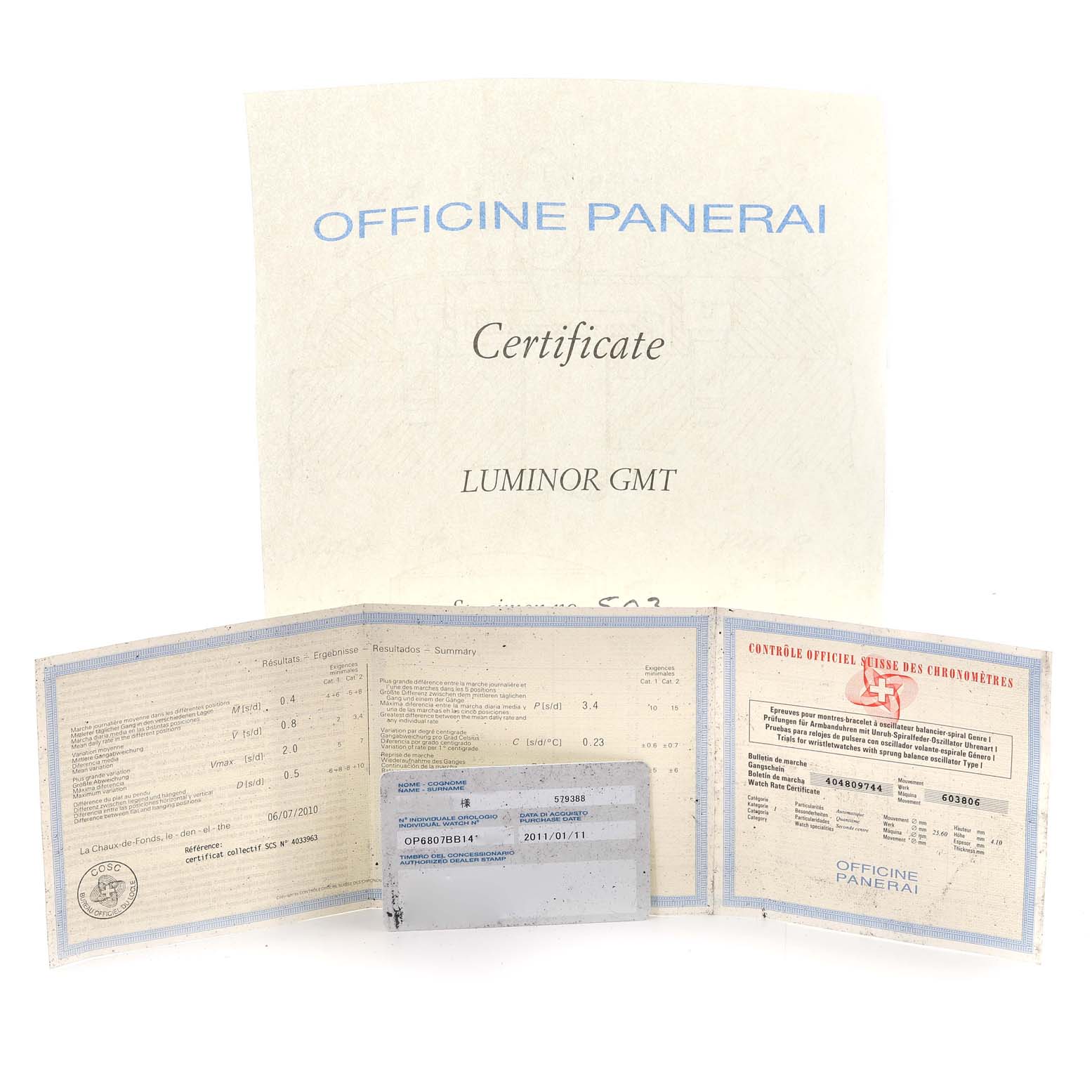 The image shows the certificates and warranty card for a Panerai Luminor PAM00029 Men's Stainless Steel Black Dial PAM00029 Men's Stainless Steel Black Dial GMT watch.