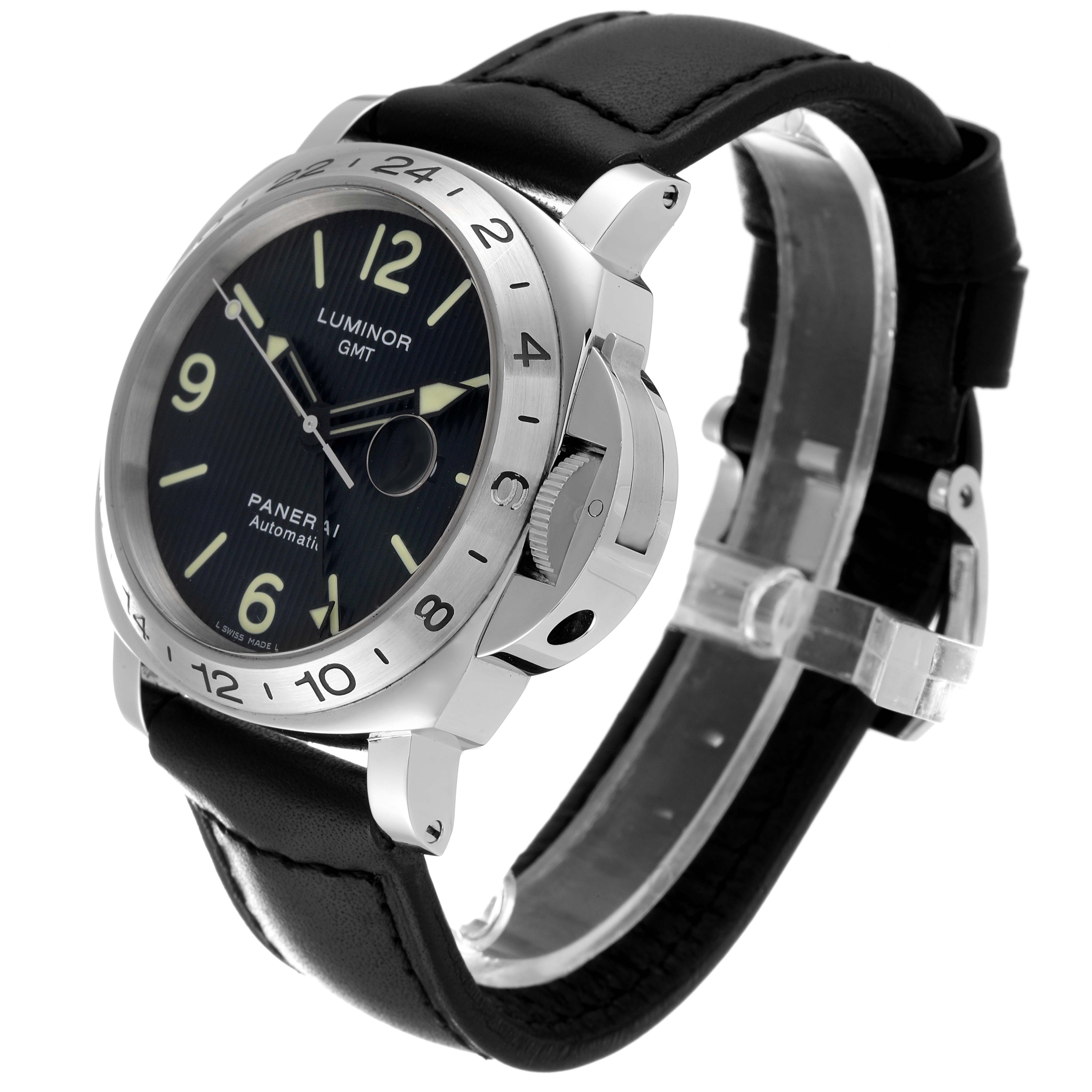 The image shows a side-angle view of the Panerai Luminor PAM00029 Men's Stainless Steel Black Dial PAM00029 Men's Stainless Steel Black Dial watch, highlighting the face, bezel, and leather strap.