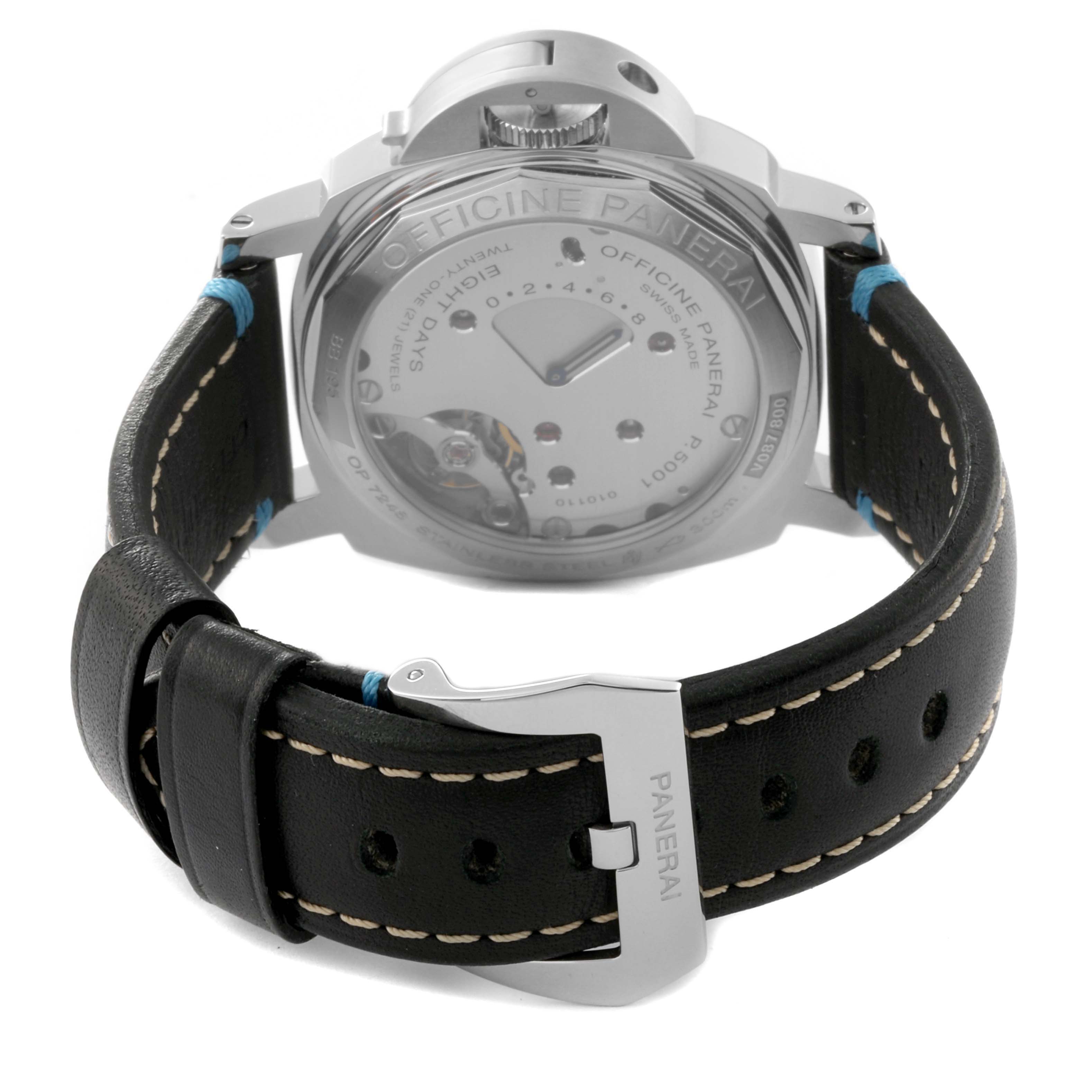 This image shows the back view of a Panerai Luminor PAM00796 Men
s Stainless Steel Black Dial PAM00796 Men
s Stainless Steel Black Dial watch, highlighting its strap and transparent case back.