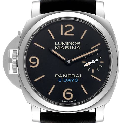 The image shows a front view of a Panerai Luminor Marina watch, displaying its dial and crown protector.