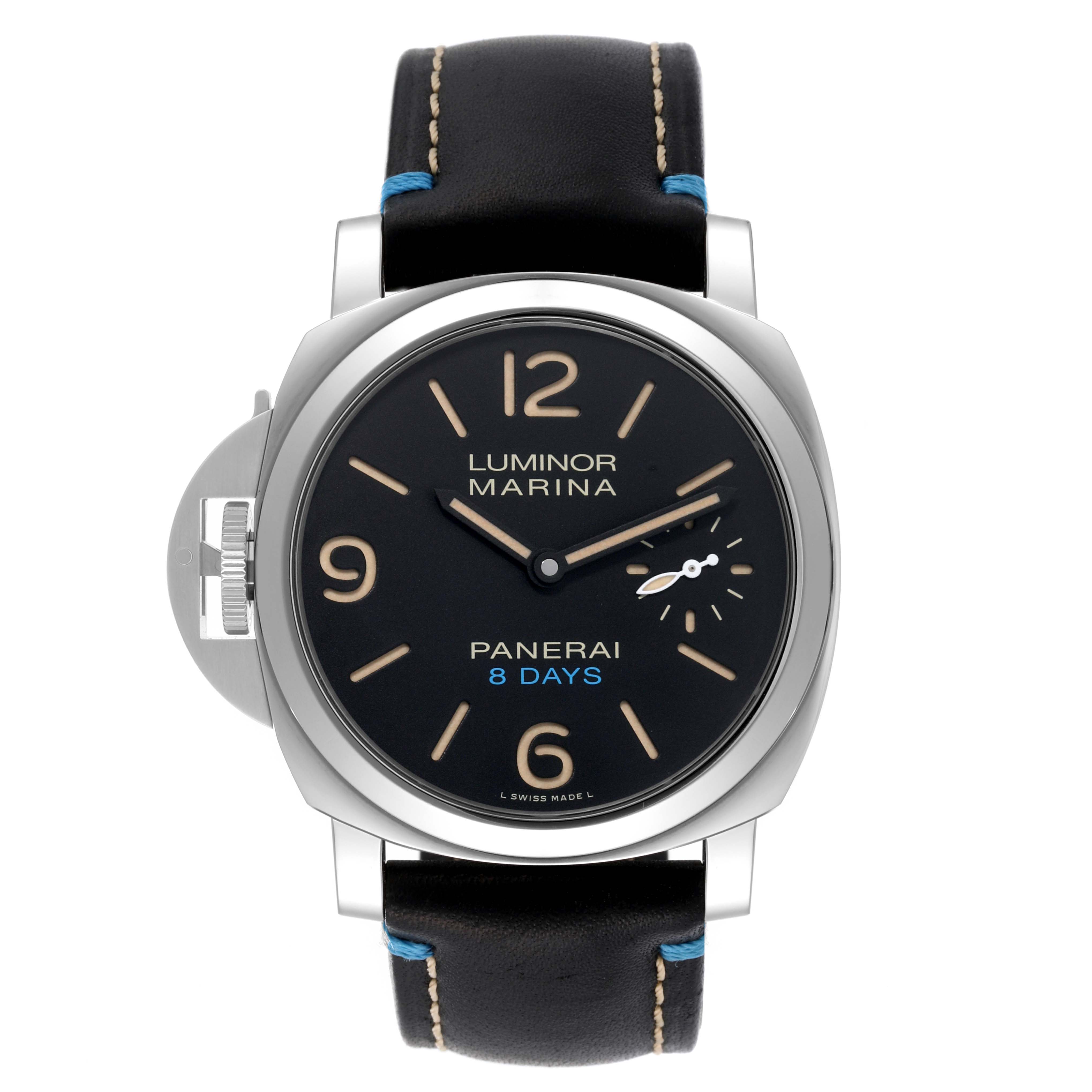 This image shows a frontal view of the Panerai Luminor PAM00796 Men
s Stainless Steel Black Dial PAM00796 Men
s Stainless Steel Black Dial Marina watch, displaying its dial, case, and strap.