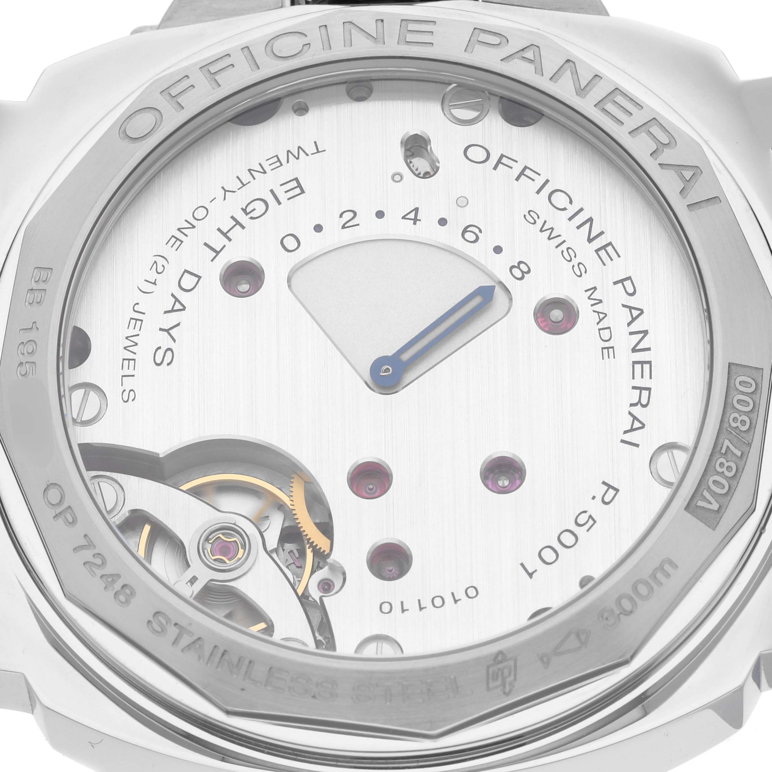 This image shows the case back of a Panerai Luminor PAM00796 Men
s Stainless Steel Black Dial PAM00796 Men
s Stainless Steel Black Dial watch, highlighting its movement and internal components.