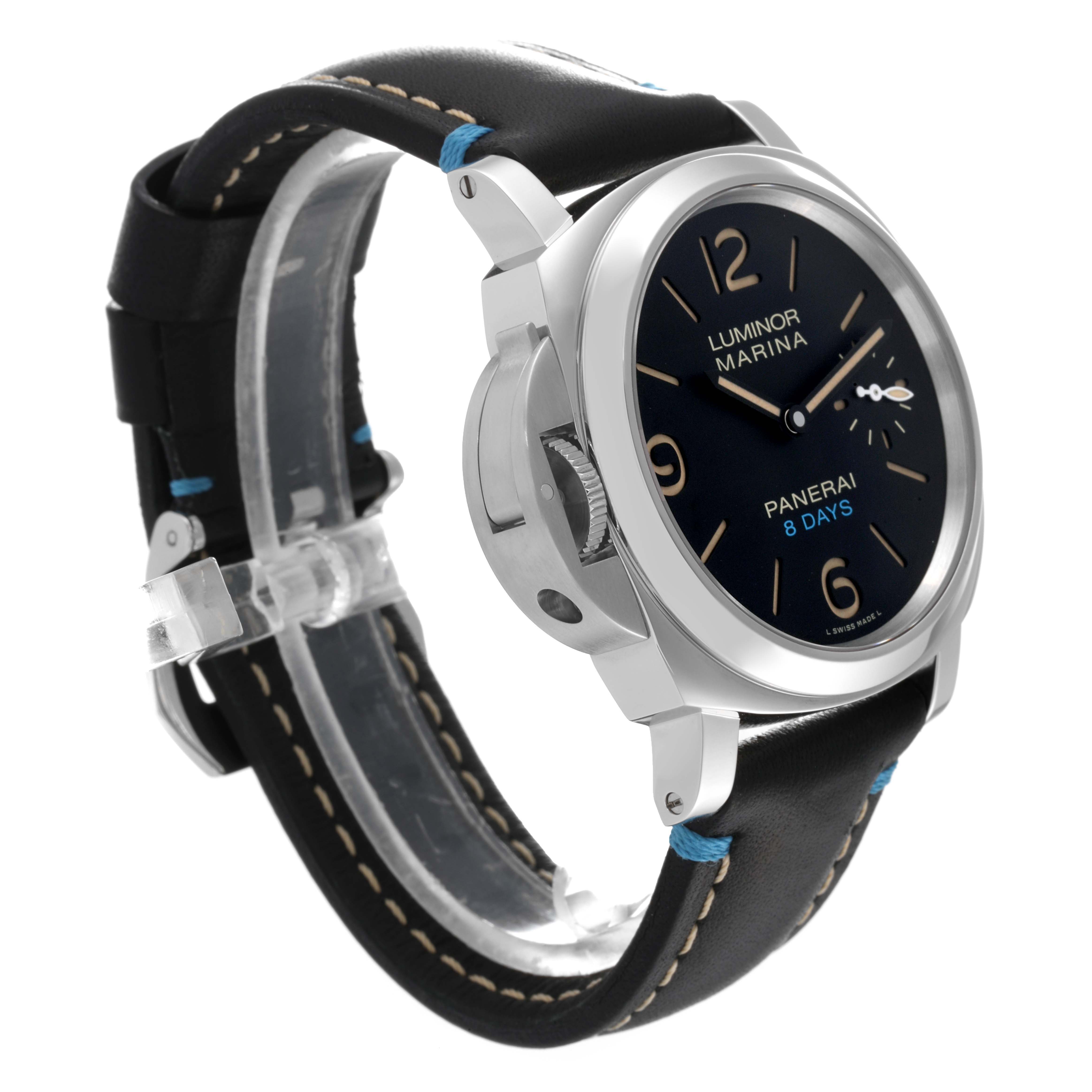 The image shows a Panerai Luminor PAM00796 Men
s Stainless Steel Black Dial PAM00796 Men
s Stainless Steel Black Dial Marina watch at a front side angle, highlighting the watch face, crown guard, and strap.