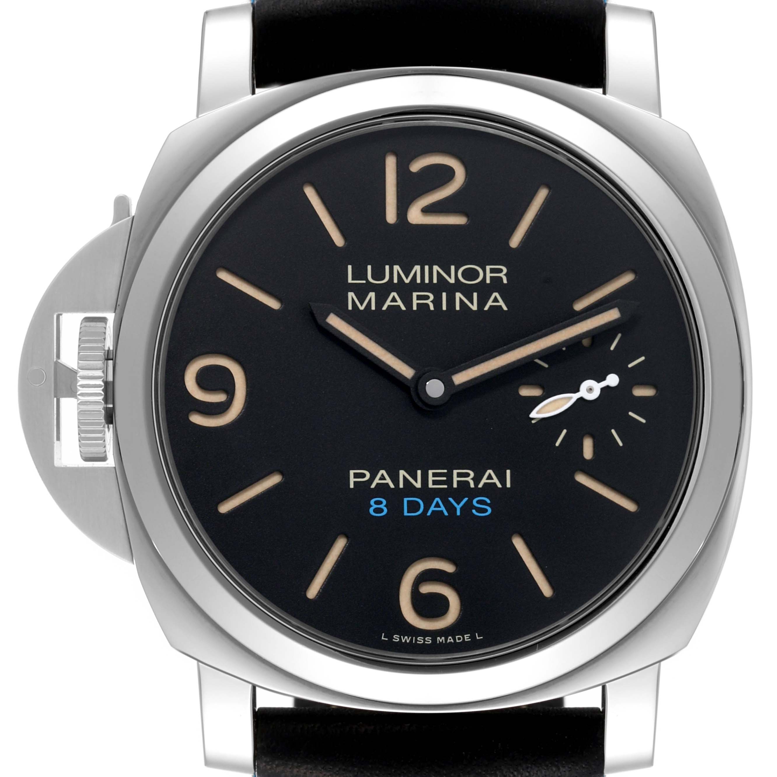 The image shows a frontal view of a Panerai Luminor PAM00796 Men
s Stainless Steel Black Dial PAM00796 Men
s Stainless Steel Black Dial Marina watch displaying its dial, crown guard, and strap attachments.