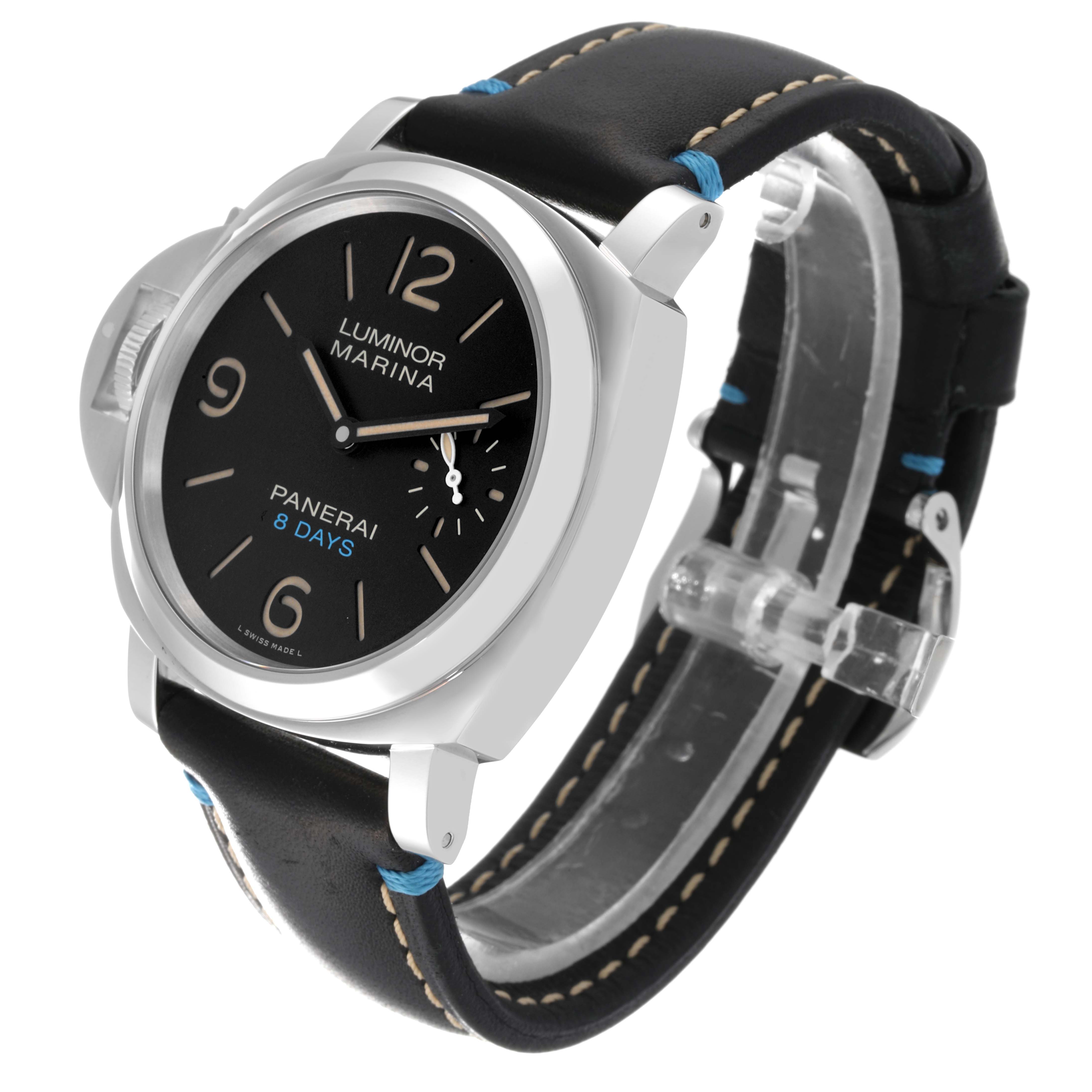 The image shows a Panerai Luminor PAM00796 Men
s Stainless Steel Black Dial PAM00796 Men
s Stainless Steel Black Dial Marina watch from a three-quarter angle, featuring the watch face, case, and leather strap.