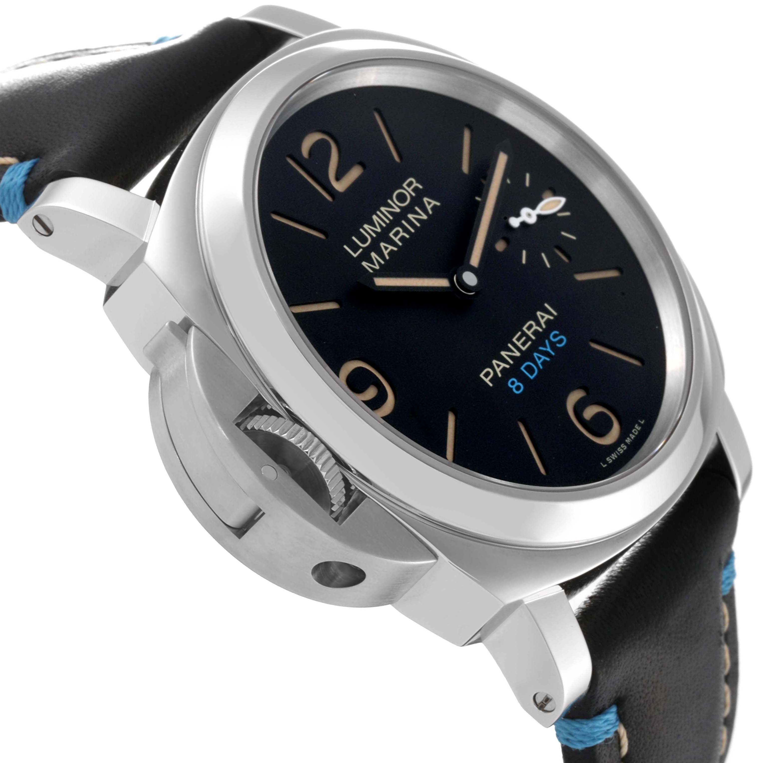 The image shows a Panerai Luminor PAM00796 Men
s Stainless Steel Black Dial PAM00796 Men
s Stainless Steel Black Dial Marina watch at an angle highlighting the case, crown guard, and part of the black leather strap.