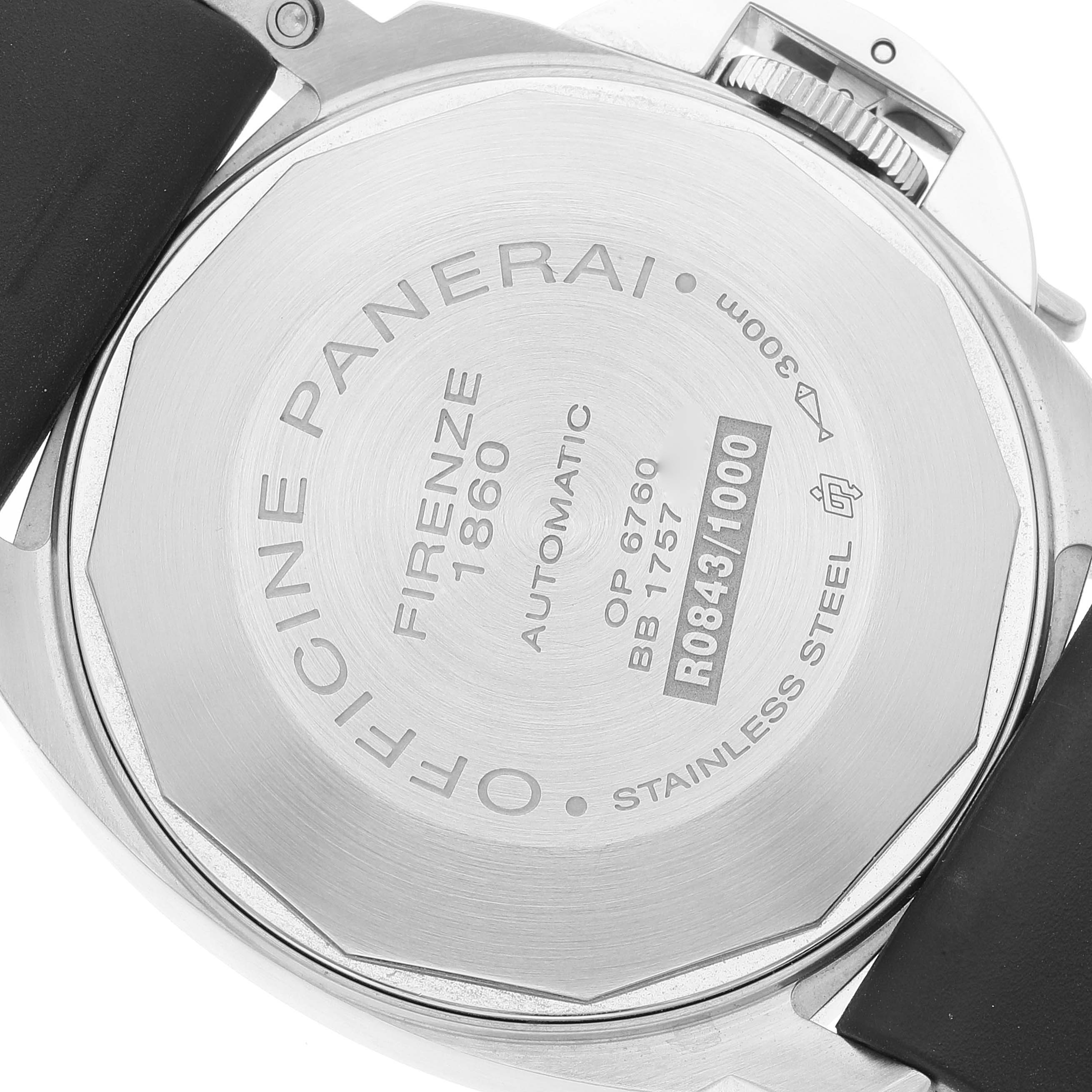 This image shows the back case of a Panerai Luminor PAM00048 Men
s Stainless Steel Black Dial PAM00048 Men
s Stainless Steel Black Dial watch, displaying engraving details, including model, brand, and specifications.