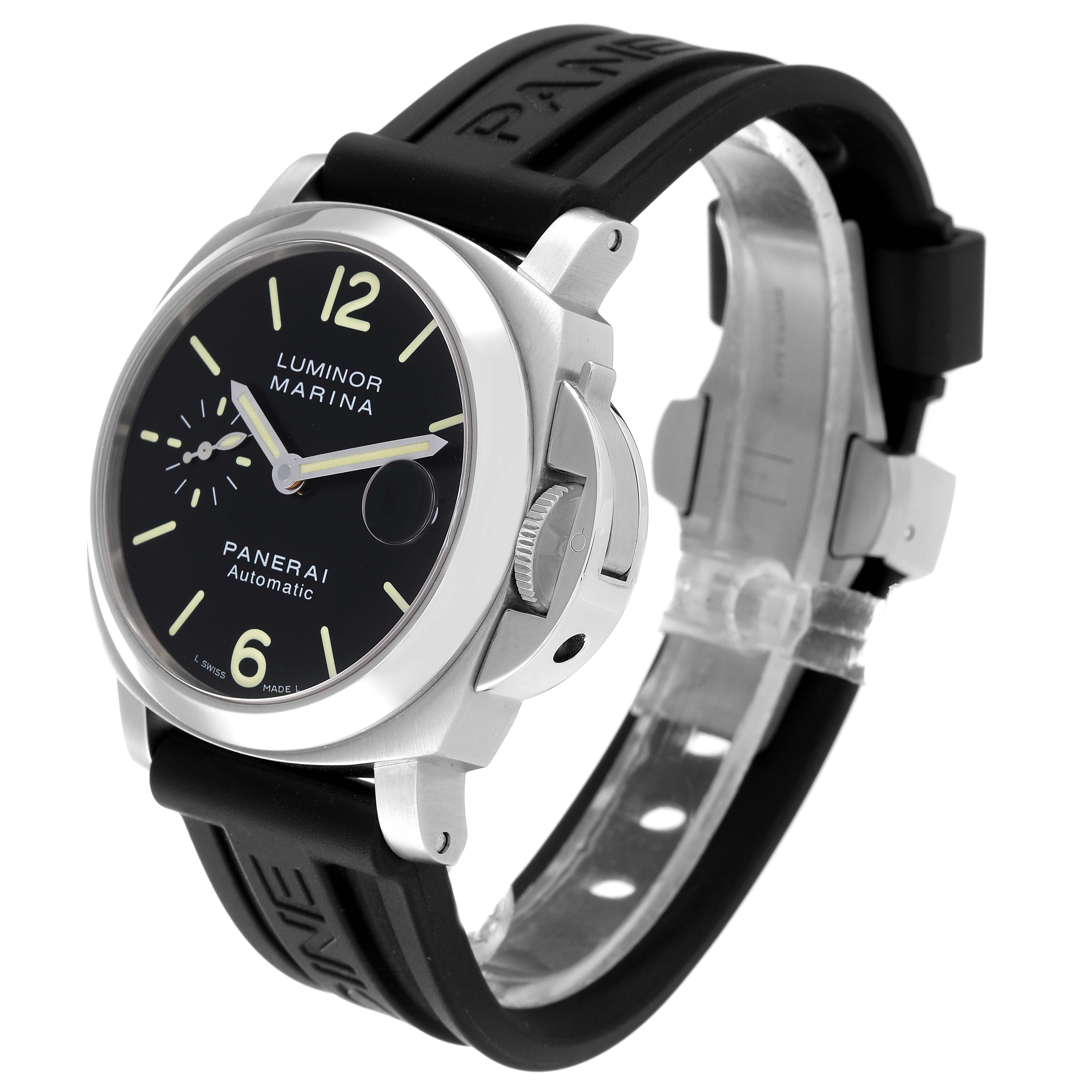 The image shows a Panerai Luminor PAM00048 Men
s Stainless Steel Black Dial PAM00048 Men
s Stainless Steel Black Dial Marina watch from an angled front view, highlighting its black dial, silver case, and black rubber strap.