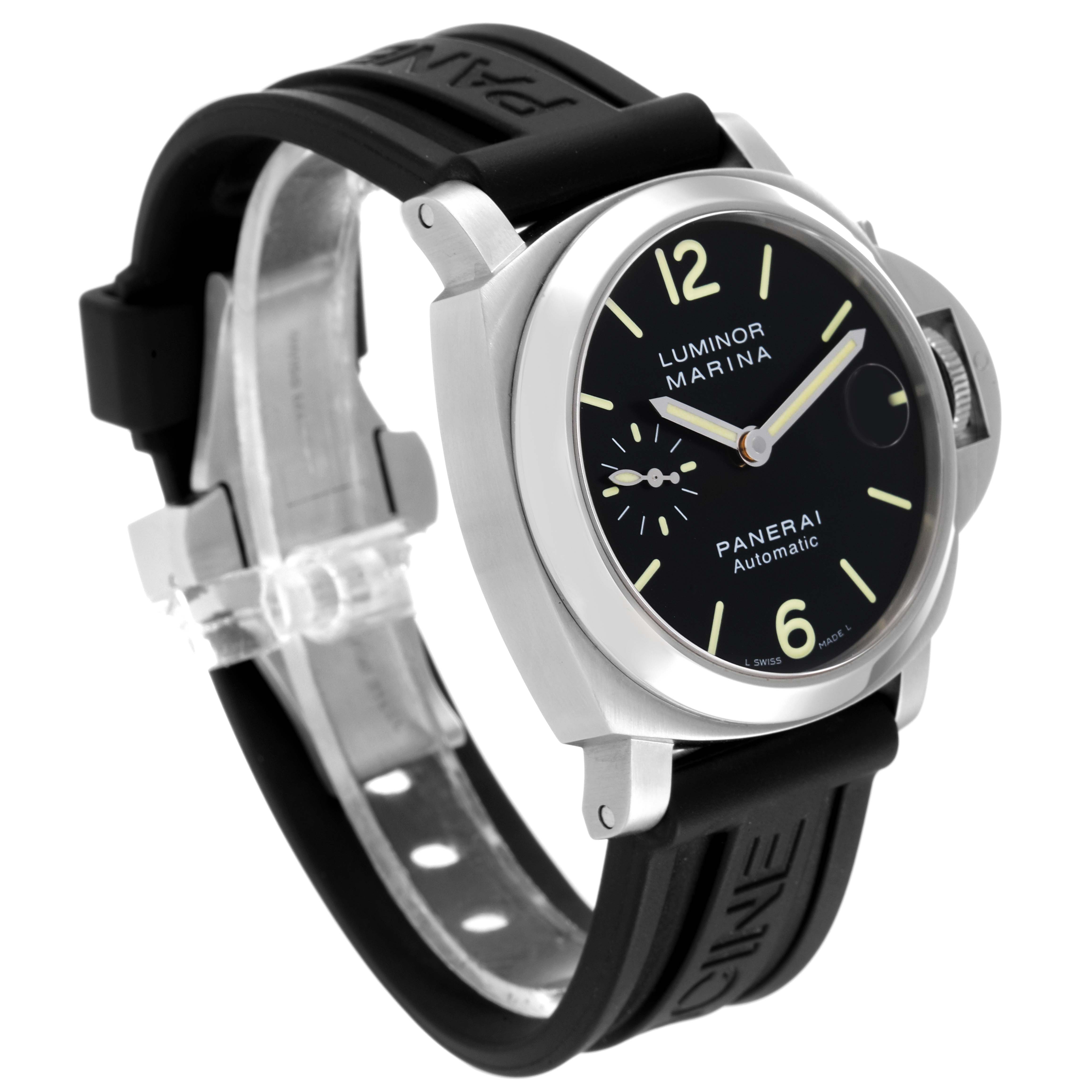 The image shows a Panerai Luminor PAM00048 Men
s Stainless Steel Black Dial PAM00048 Men
s Stainless Steel Black Dial Marina watch, angled to display the face, bezel, case, and black strap.