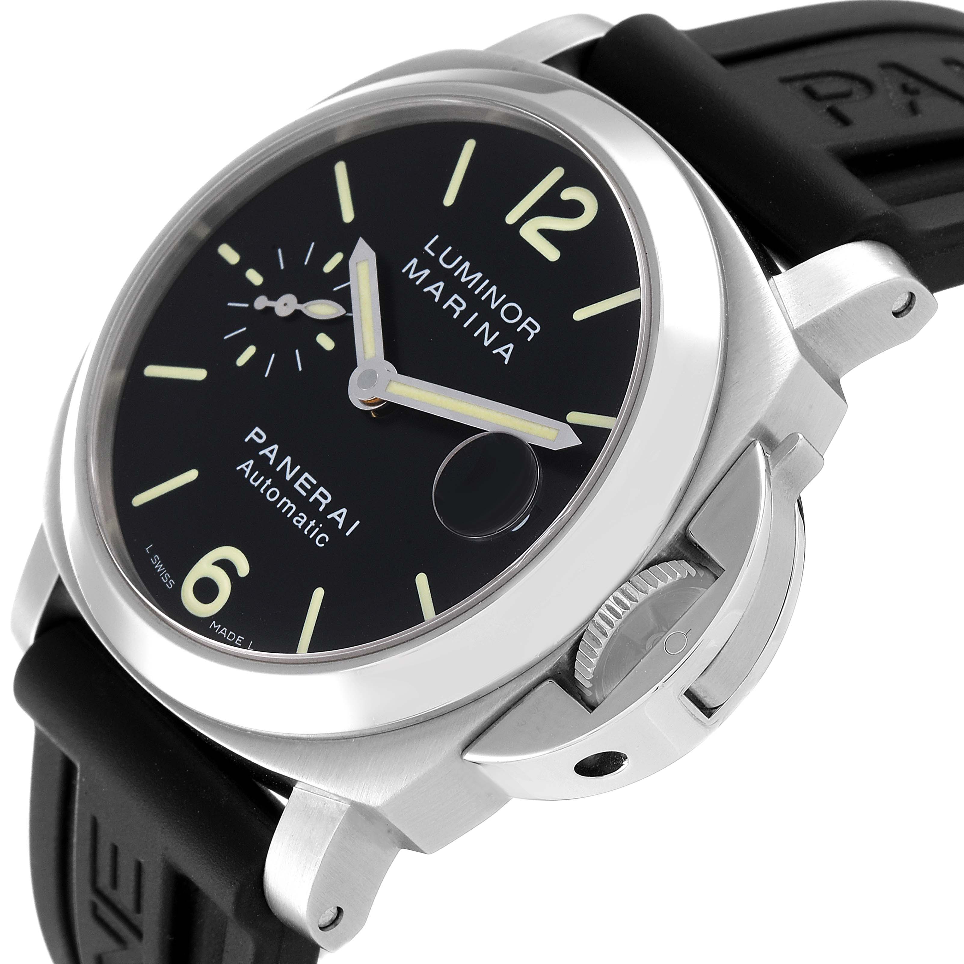 The image shows a Panerai Luminor PAM00048 Men
s Stainless Steel Black Dial PAM00048 Men
s Stainless Steel Black Dial model watch, highlighting its dial, case, crown guard, and rubber strap at an angled close-up view.