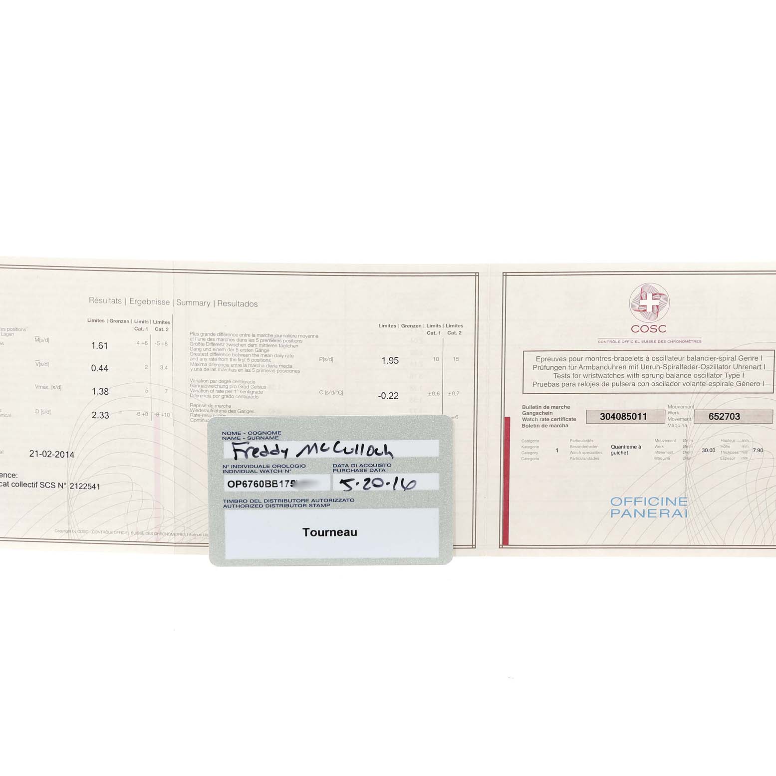 The image shows the paperwork and certification for a Panerai Luminor PAM00048 Men
s Stainless Steel Black Dial PAM00048 Men
s Stainless Steel Black Dial watch, including test results and purchase details.